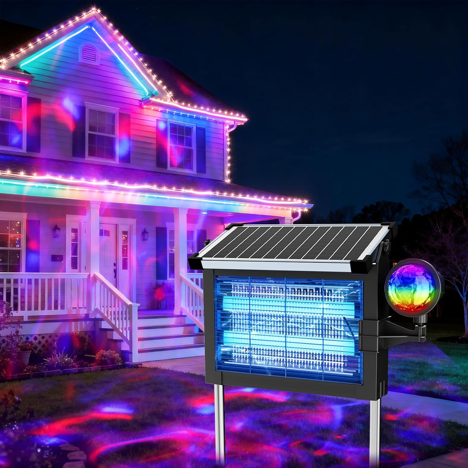 Solar Bug Zapper Outdoor with Projector Lights, Mosquito Zapper Waterproof Electric Fly Zapper Rechargeable with 10W Solar Panel, 4500V Cordless Fly Trap for Backyard, Patio, Garden, Camping