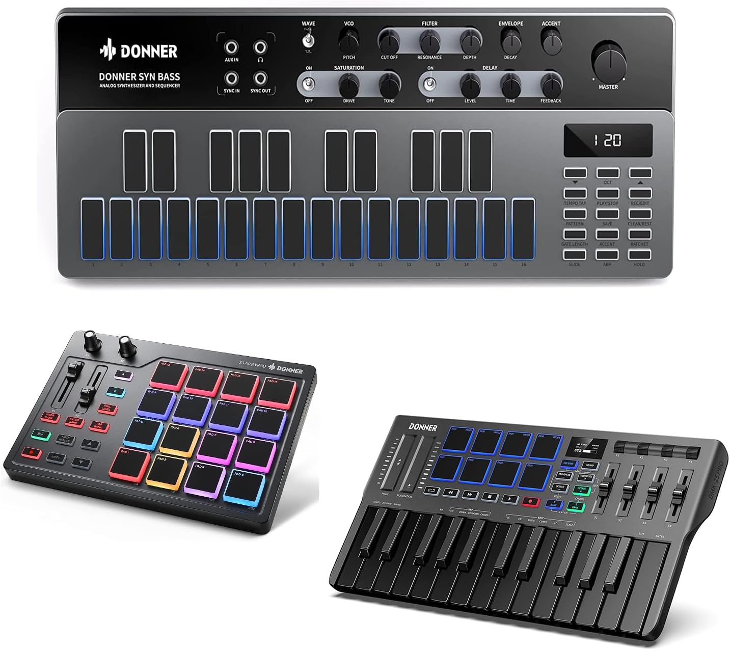 Donner DMK 25 Pro MIDI Keyboard + Essential B1 Synthesizer + Starry MIDI PAD