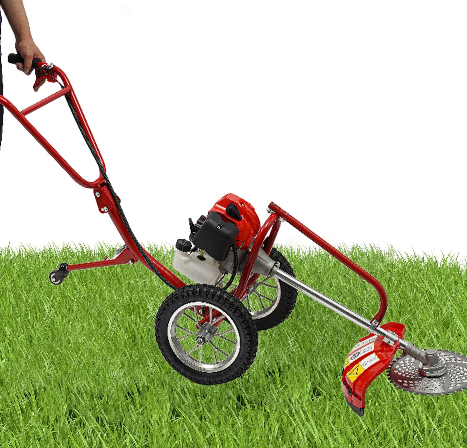 49CC Hand Push Weed Wacker, 2 Stroke Gas Powered Lawn Mower with Wheels, 1.8Kw 7000Rpm Behind Push Grass Trimmer, Brush Cutter for Lawn, Garden, Hills, Plains & Orchards