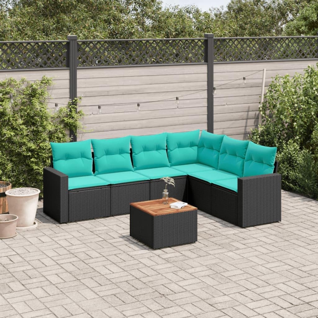 7 Piece Patio Sofa Set with Cushions, Black Poly Rattan Outdoor Furniture, Modular Design for Garden, Terrace, Backyard