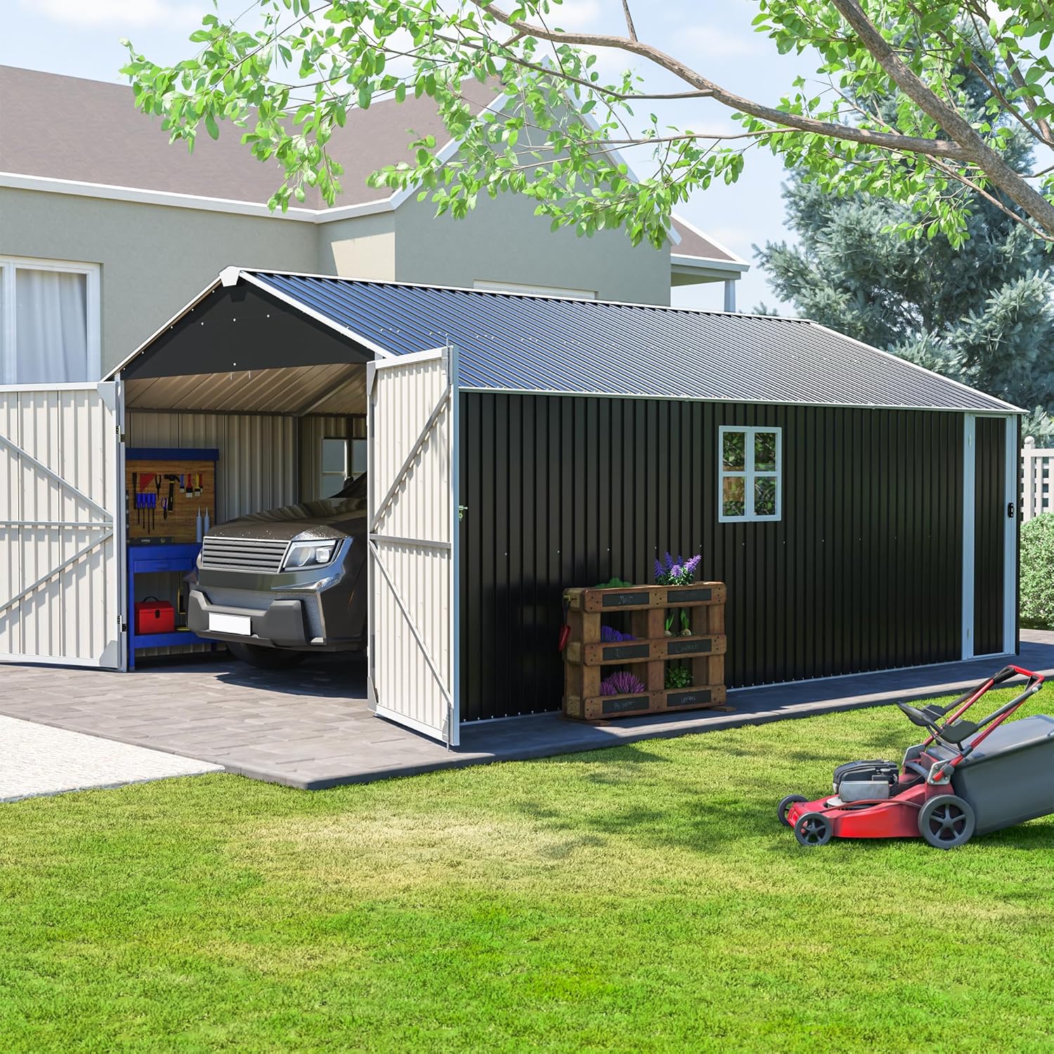 Outdoor Metal Garage Shed 12x20x​​9.3 FT, Large Outdoor Storage Building, Storage Shed with Windows & Double Hinged Doors, Steel Carport and Workshop for Car,Boat,Big Tool Organization
