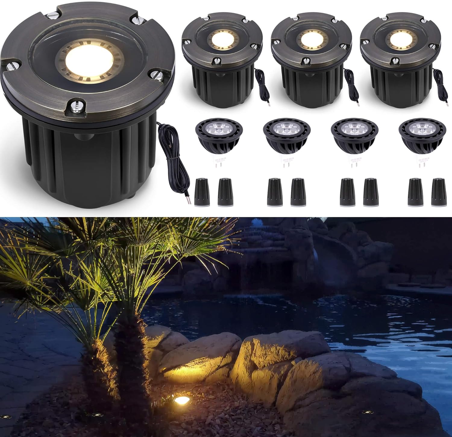 Gardenreet Outdoor Low Voltage Well Lights - Brass Replaceable Bulb LED In-Ground Lighting, Low Voltage 12V Flush Fixture, Antique Bronze for Patio Backyard House with 2700K Warm White MR16 Bulb