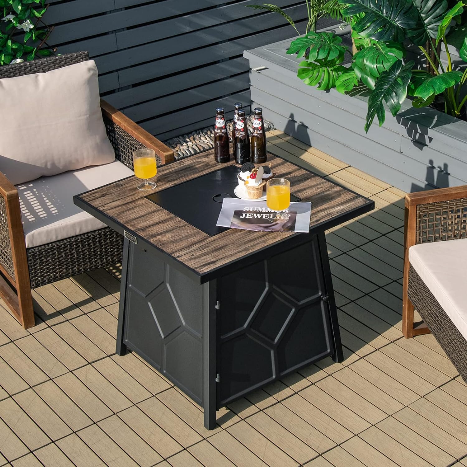 Tangkula 28 Inches Propane Fire Pit Table, 40,000 BTU Square Fire Table with Lid, Lava Stone, Waterproof Cover and Instant Touch-Up Pen, Outdoor Dining Gas Fire Pit Table with Adjustable Flame