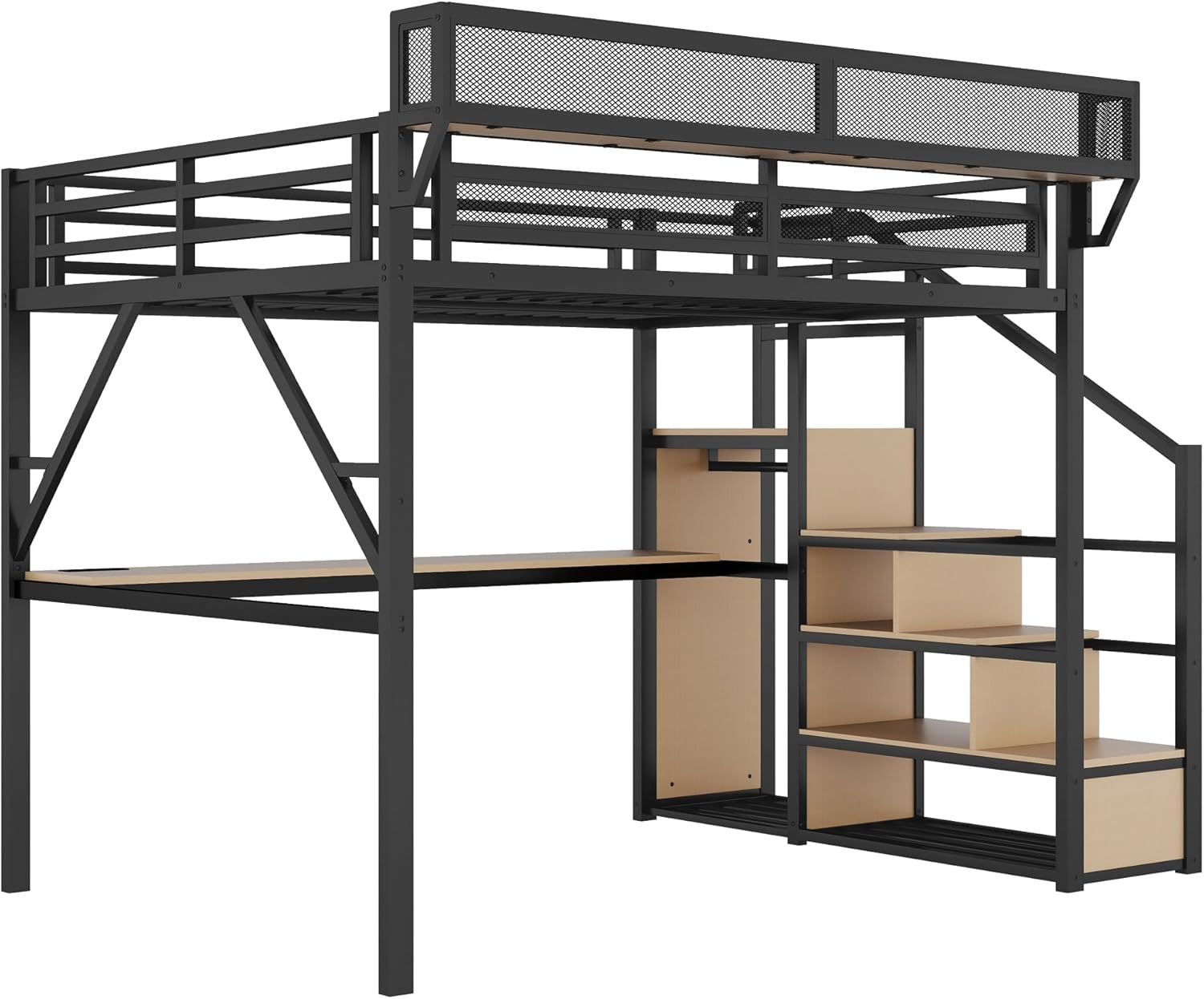 Queen Size Loft Bed with Desk, Loft Bed Queen with Stairs and Charging Station, Modern Metal Beds Frame with Light and Safety Guardrails for Kids/Teens, Patent Products, Black