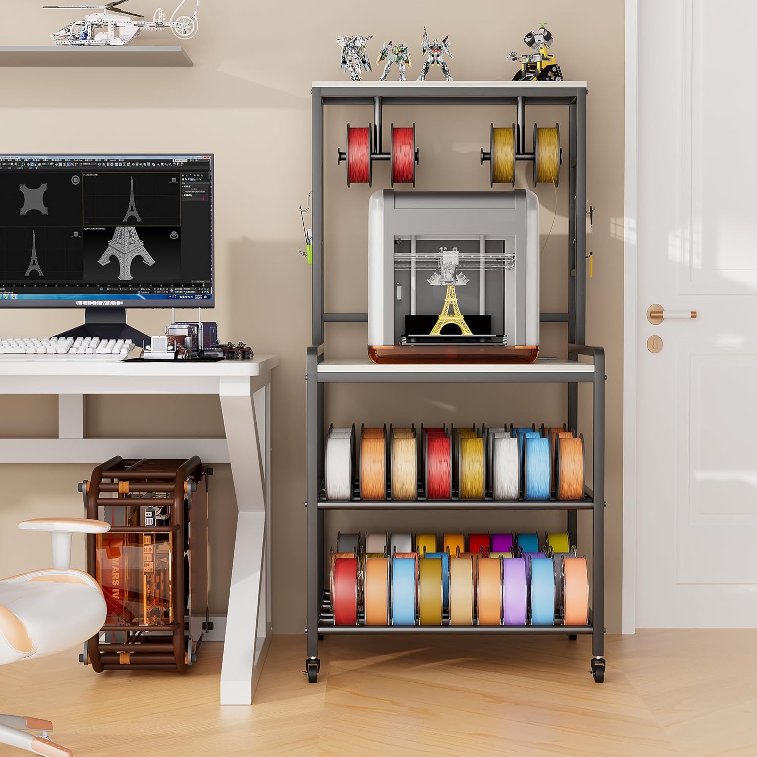 3D Printer Stand with Filament Storage, Heavy Duty 3D Printer Table with Charging Station, Rolling Printer Cart Filament Storage Rack for PLA, ABS, PETG for Workshop/Office/Garage (Gray)