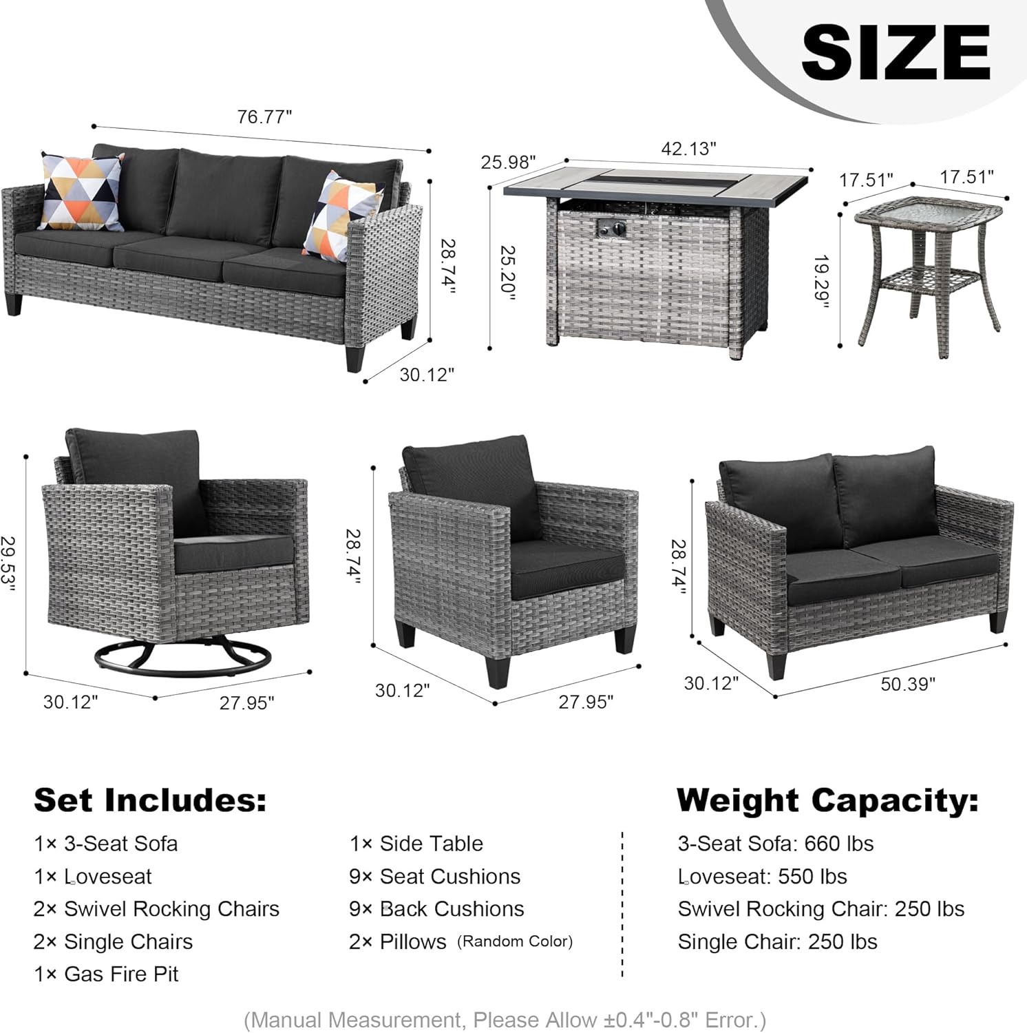 HOOOWOOO Outdoor Patio Furniture Set with Large Propane Fire Pit Table,8 Piece Modern Wicker Sofa Couch Set w Swivel Chair, Outside Weather Resistant Conversation Seating Set w Tile Back(Black)