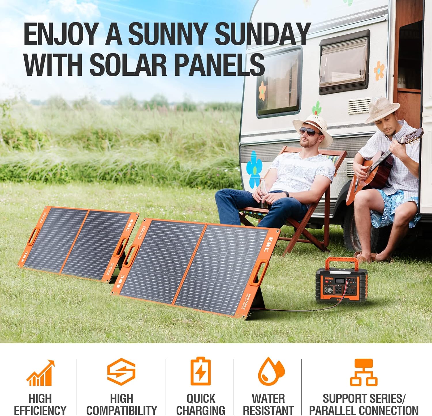 EBL Solar Panel 100W Portable Solar Panel (Upgraded) for 240/300/500/1000/1500/2000 Power Station, with Adjustable Kickstand and Parallel Cable, Waterproof IP65 for Outdoor Camping Hiking RV Trip