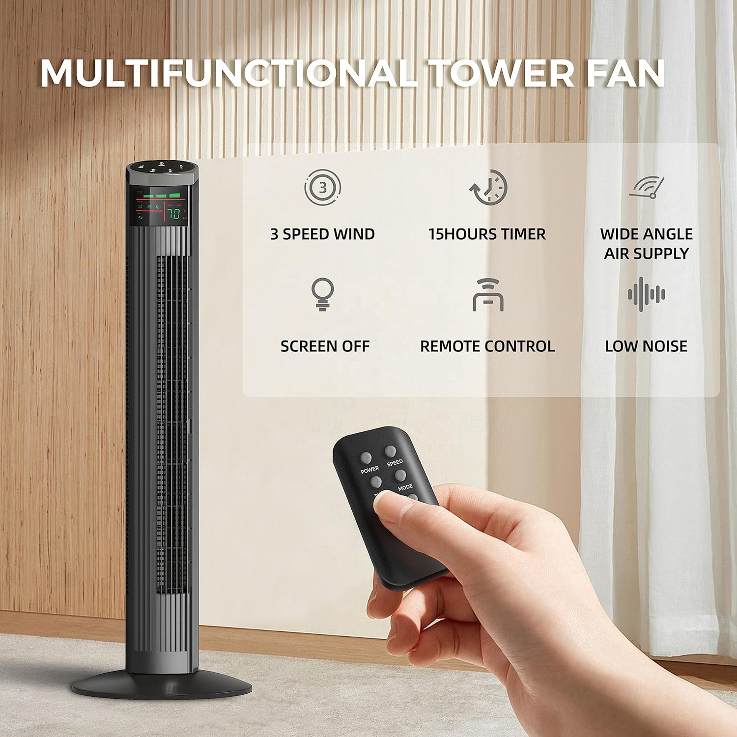 Simple Deluxe 36 Inch Oscillating Tower Fan for Bedroom, 3 Speeds Standing Fan with Remote, Quiet Cooling fan for Indoors, 15H Timing, 3 Modes,Black
