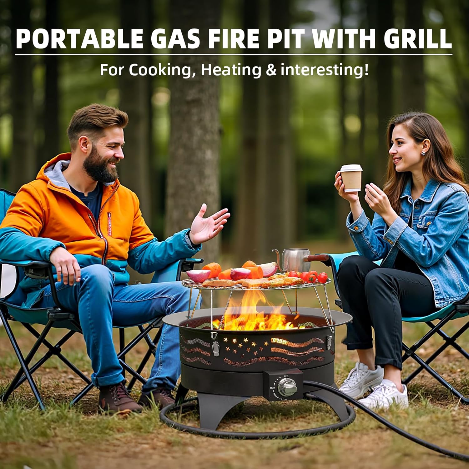 24 Inch Portable Propane Fire Pit with Grill, 60000 BTU Outdoor Gas Firepit with Lava Rocks & Adjustable Flame, Smokeless Gas Firebowl for Backyard, Camping & Gatherings