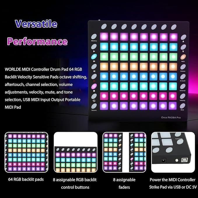 MIDI Drum Pad Controller MIDI Strike Pad 64 RGB Backlit Velocity Sensitive Pads 24 Function Buttons USB,128MB Sound Module for Live Performance Music