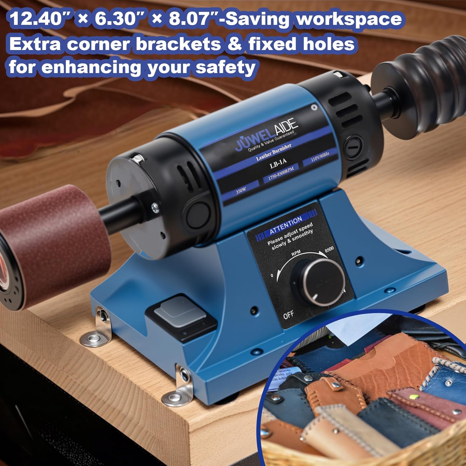 Leather Burnishing Machine | Variable Speed Leathercraft Bench Grinder, Polishing Tool, Sanding Machine, Rosewood Wheel for Leather Edge | Low Noise Motor, Standard 2x2 Inch Drum Sleeves