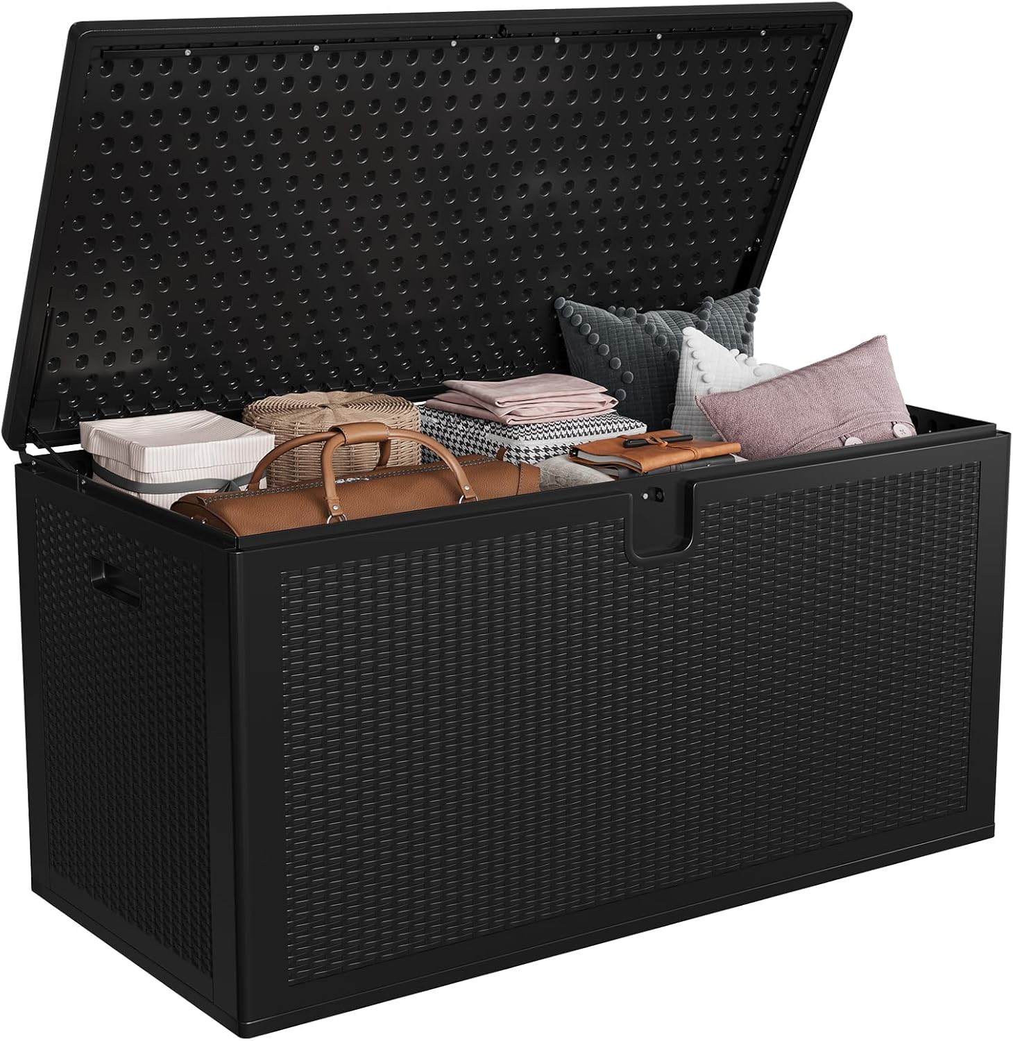 IDEALHOUSE 150 Gallon Resin Deck Box, Waterproof Outdoor Storage Box with Lockable Lid & UV Resistant, Patio Furniture Cushion Storage Container for Garden, Backyard, Poolside (Black)