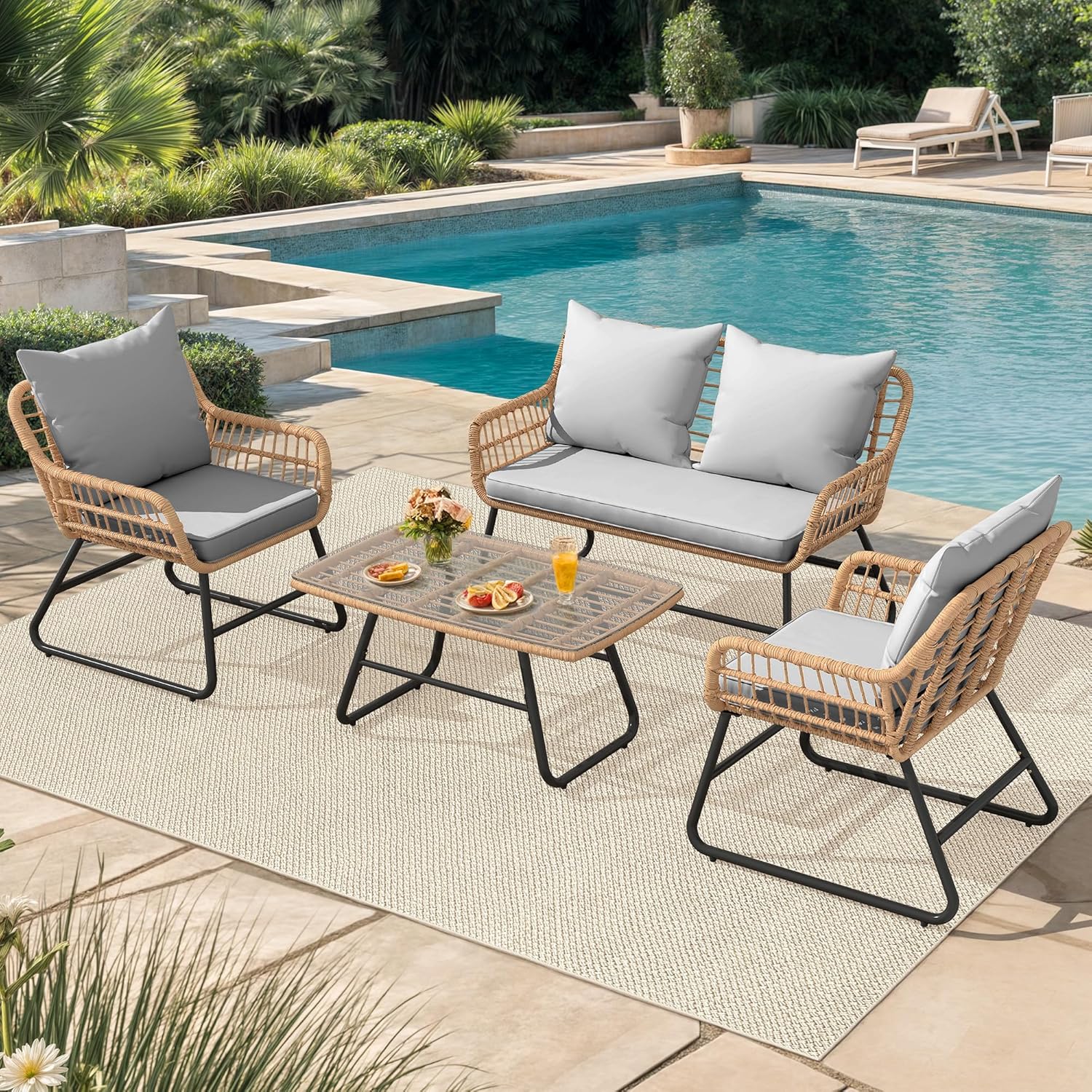 YITAHOME 4-Piece Patio Furniture Set, Wicker Outdoor Bistro Set, All Weather Rattan Patio Conversation Set with Soft Cushions and Glass Side Table for Backyard, Balcony, Deck - Light Grey