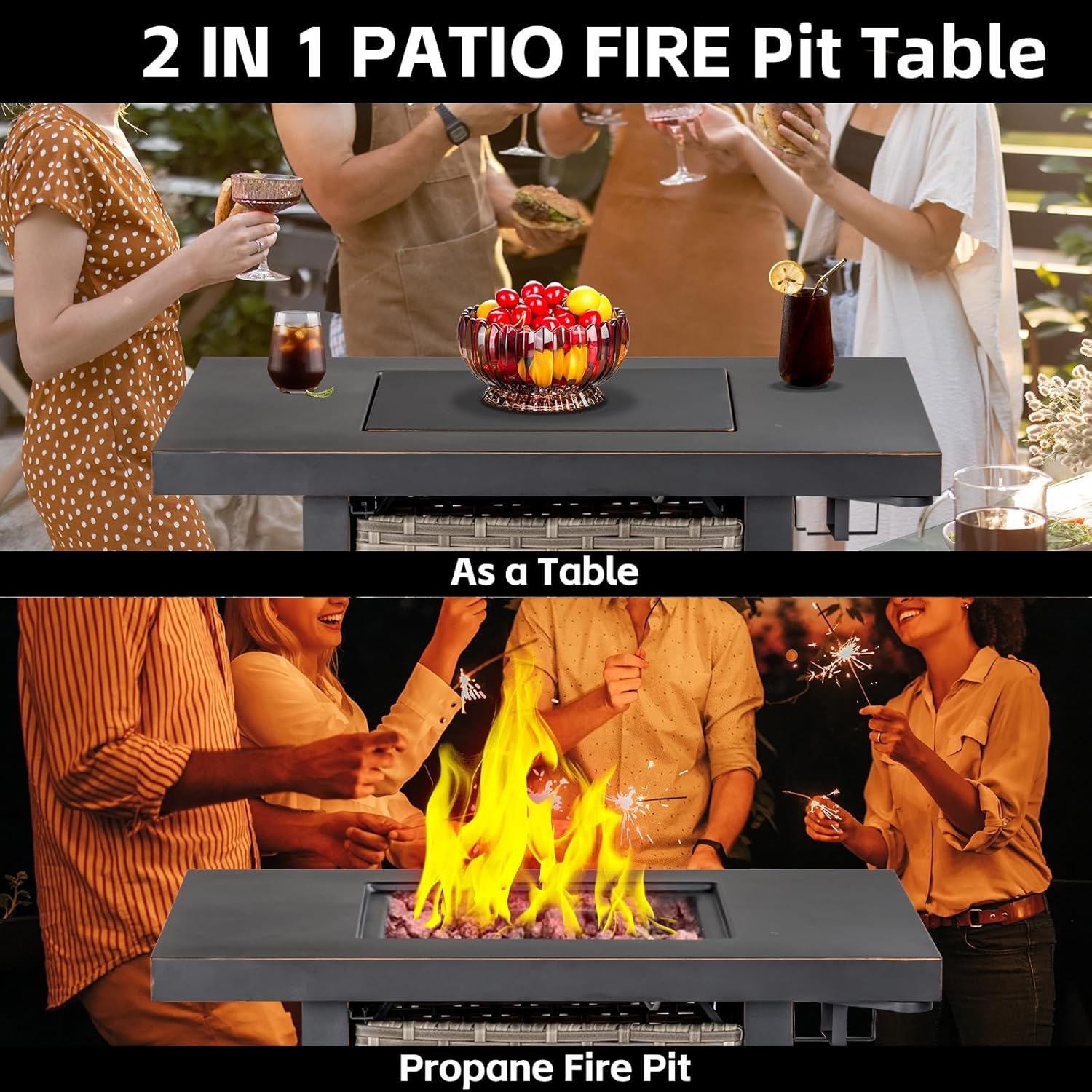 32 Inch Propane Fire Pit Table, Outdoor Gas Fire Pits with 2 Drink Holders, Lid & Lava Rock, 50000 BTU Firepit Table for Dinning, Party in Outside, Patio, Garden or Yard