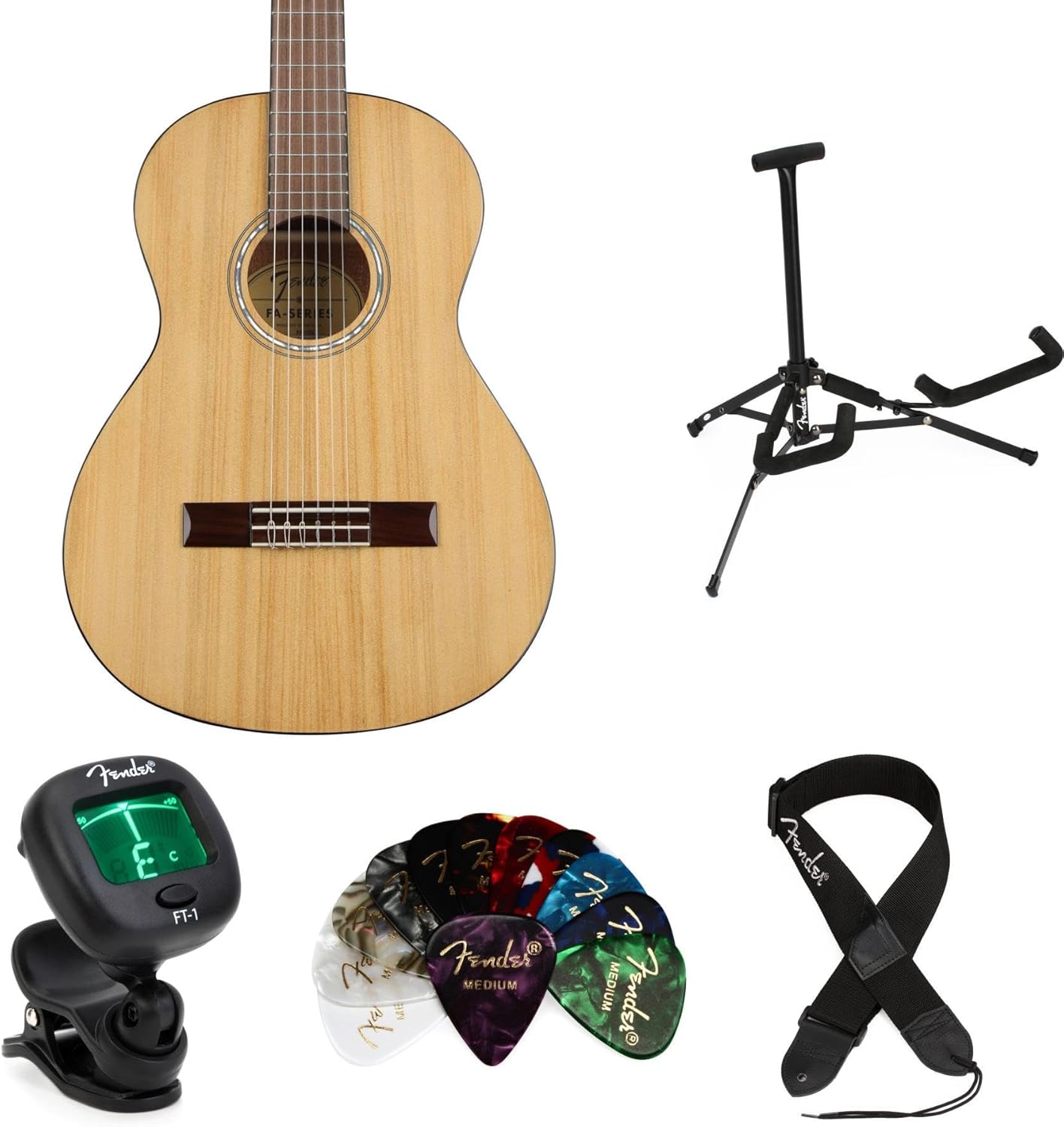 Fender FA-15 3/4 Scale Nylon Acoustic Guitar Bundle - Natural Finish, Agathis Top, Sapele Body, Stand, Tuner, Strap, and 12 Guitar Picks