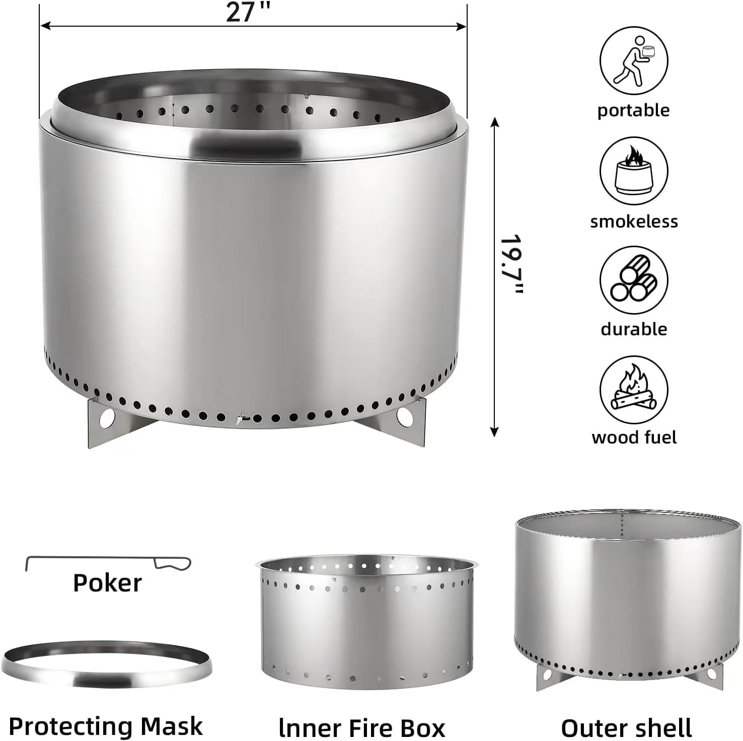 27 Inch Smokeless Fire Pit Outside, Large Stainless Steel Fire Pit with Removable Stand and Ash Pan, Portable Outdoor Fireplace, Perfect for Bonfire, Camping, Picnic, Family Gatherings