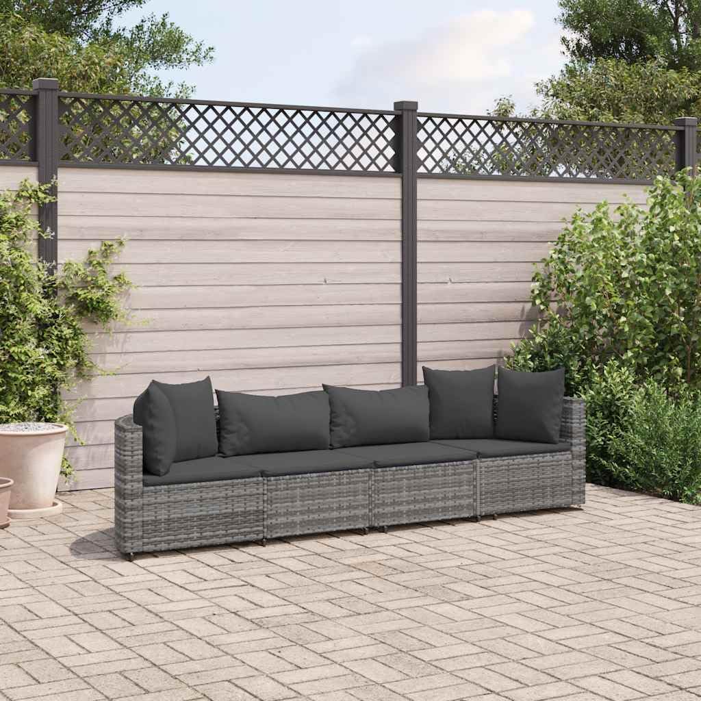 4-Piece Patio Sofa Set, Grey Poly Rattan Outdoor Sectional Furniture, Powder-Coated Steel Frame, Weather-Resistant Cushions for Balcony, Garden, Terrace