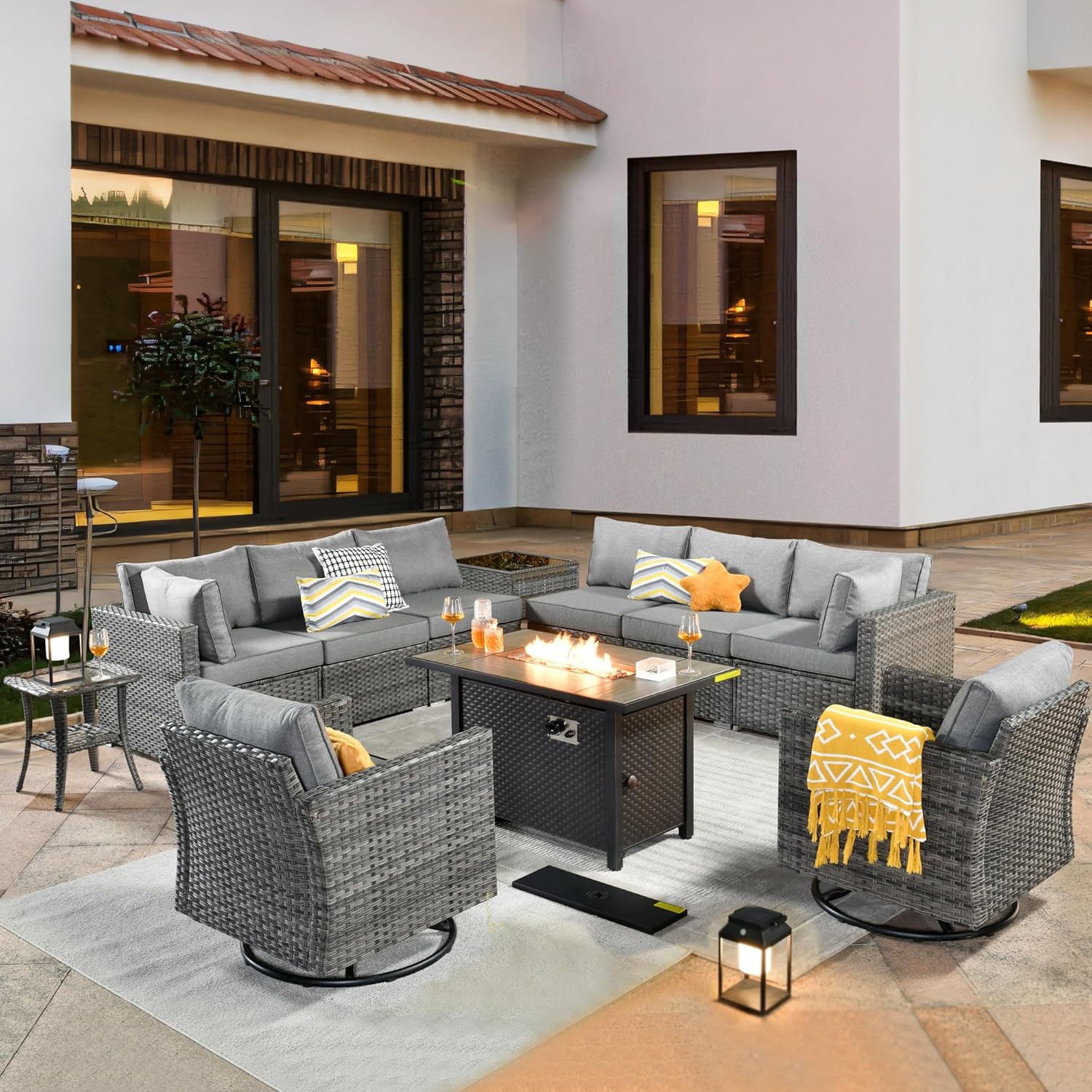 ovios 11 Piece Outdoor Patio Furniture Set with Fire Pit Table,Conversation Sectional Wicker Couch with Swivel Chairs,Modern Outside Sofa for Balcony Backyard, Dark Grey