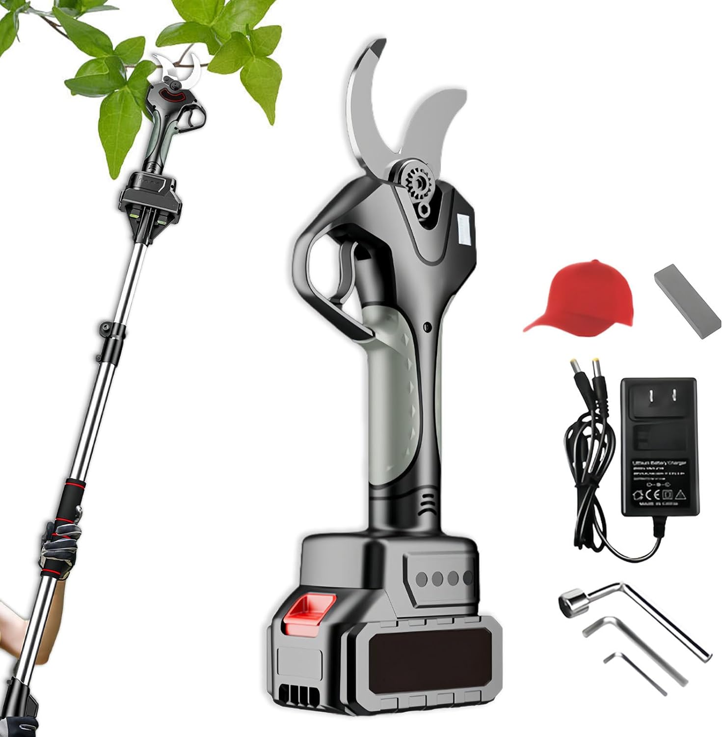 Electric Pruning Shears, 50mm Electric Garden Secateur, Long Reach Pruner Branch Scissors With 2.15m Telescopic Pole, Charging Time: 1-2 Hours 1-2 Battery Powered For Hedge, Bush 2battery