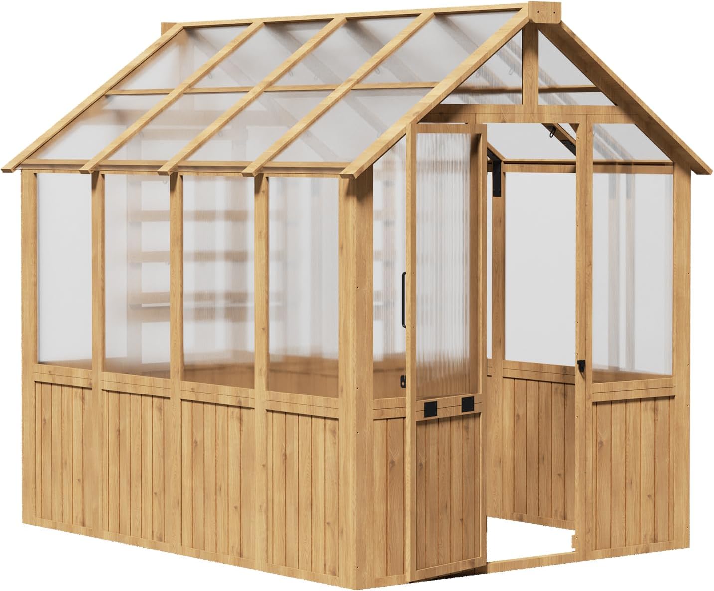 EBE 6'x8' Greenhouse, Wooden Walk-in Greenhouse Outdoors with Polycarbonate Panel and Adjustable Roof Vent, Garden Greenhouses for Patio, Yard and Backyard
