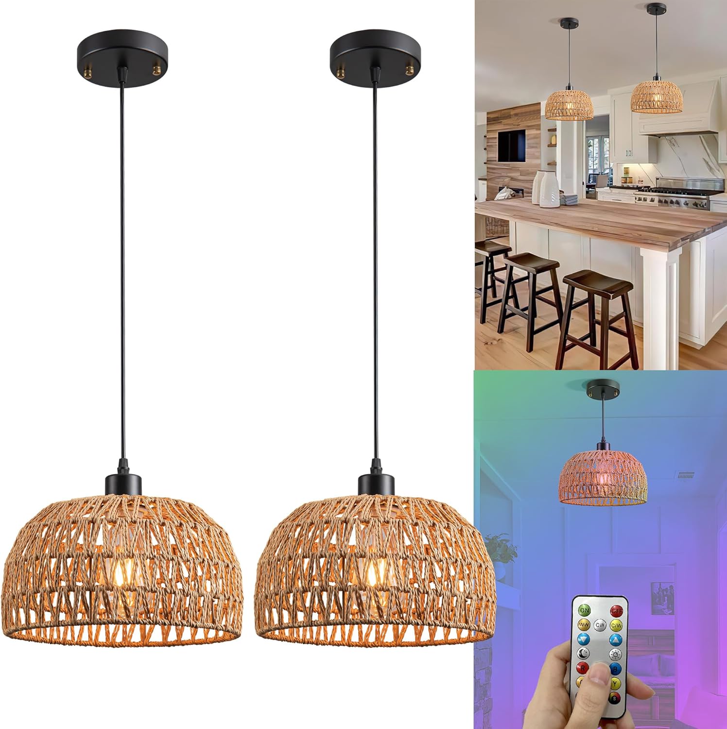 Battery Operated Pendant Light with Remote,Battery Hanging Light Rattan Woven Chandelier No Wiring Needed,Rechargeable Light Bulb 50+Hours Continue Use,Perfect for Kitchen Islands Ceiling Lighting
