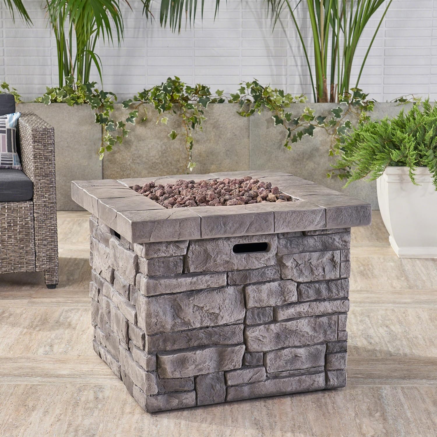 Roomfitters Square Outdoor Fire Pit Table with Stone-Look Magnesium Oxide Base, Stylish and Functional Patio Accessory, Gray