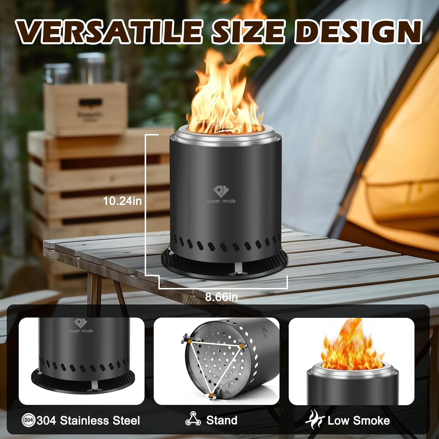 PY SUPER MODE Tabletop Fire Pit with Stand 10.2 x 8.7 in, Smokeless Firepit Camping Outdoor Table Top Firepit for Urban & Suburbs with Portable Travel Bag, Fueled by Pellets or Wood, Stainless Steel