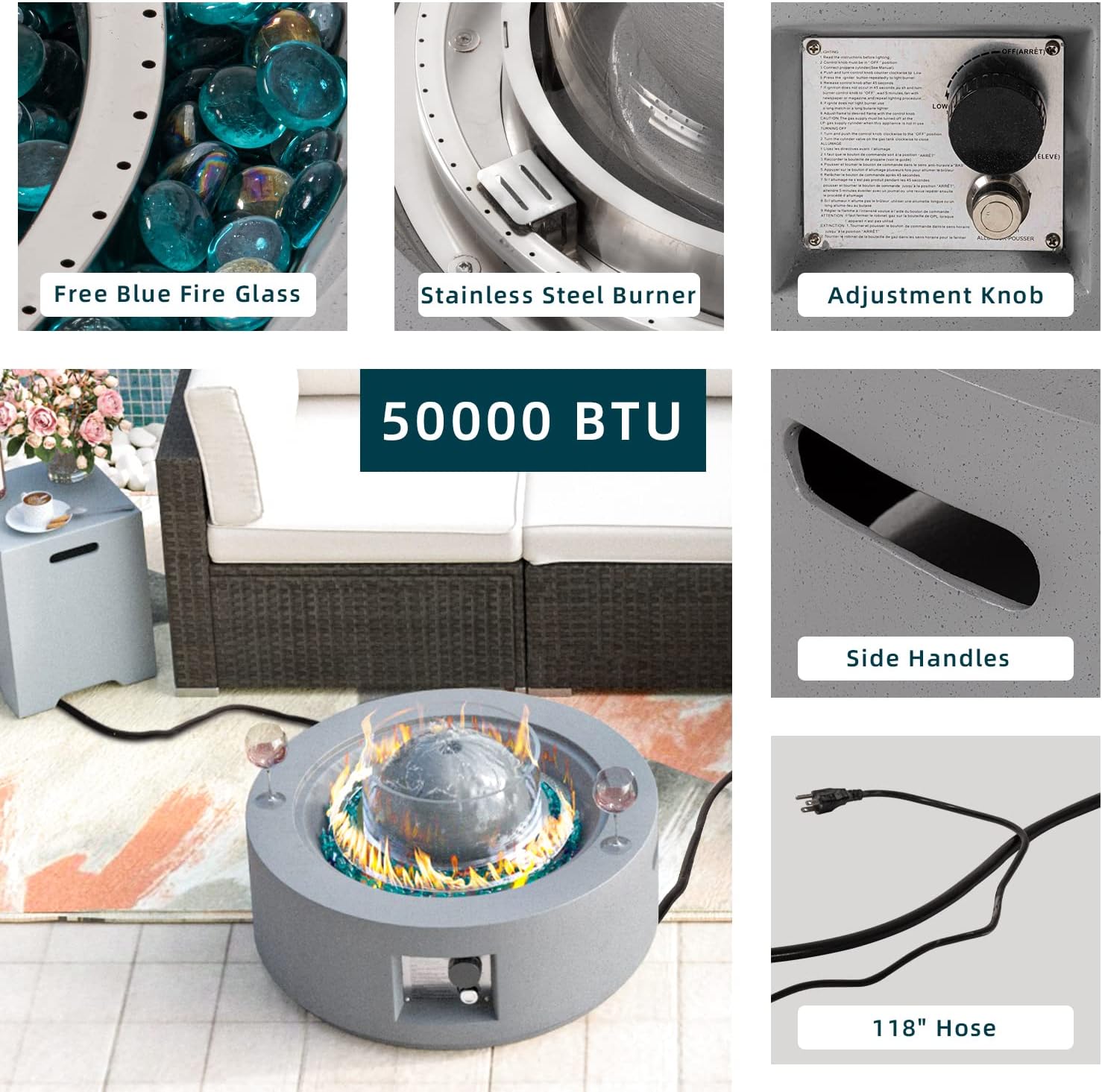 HOMPUS Outdoor Fountain Propane Fire Pit 50,000 BTU 29.3-inch Round Concrete Gas Fire Table Smokeless Firepit with Wind Gurad,Glass Stone and Rain Cover for Garden,Deck,Backyard Gray
