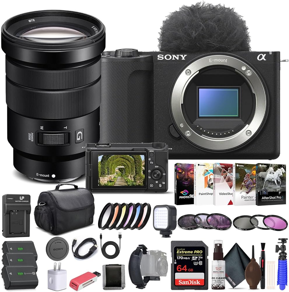 Sony Alpha ZV-E10 II Mirrorless Camera (Body Only, Black) (ZVE10M2KB), Sony 18-105mm Lens, 64GB Memory Card, Color Filter Kit, Filter Kit, Photo Software, Bag, 2 x NP-FZ100 Battery, More