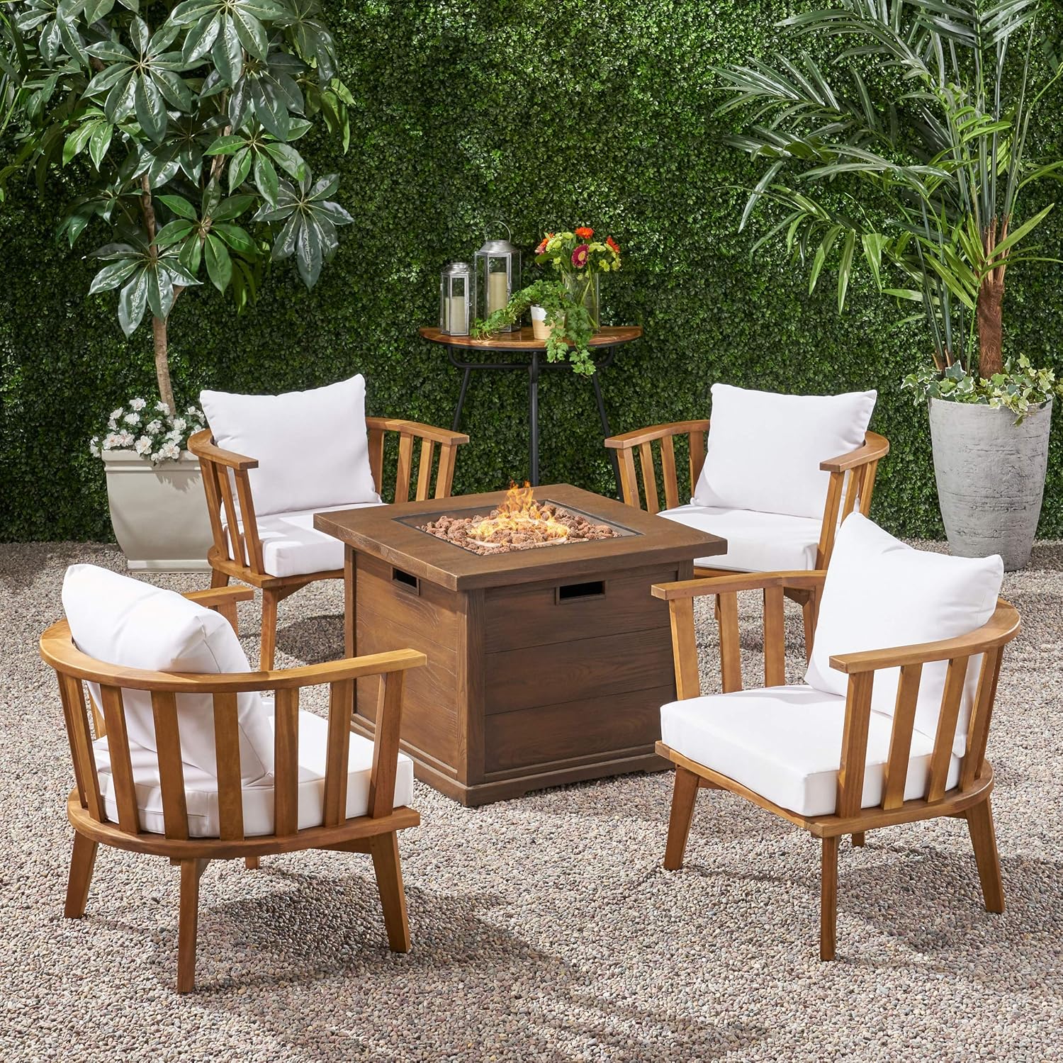 GDFStudio Noble House Walson 5 Piece Outdoor Fire Pit Wood Conversation Set in Teak