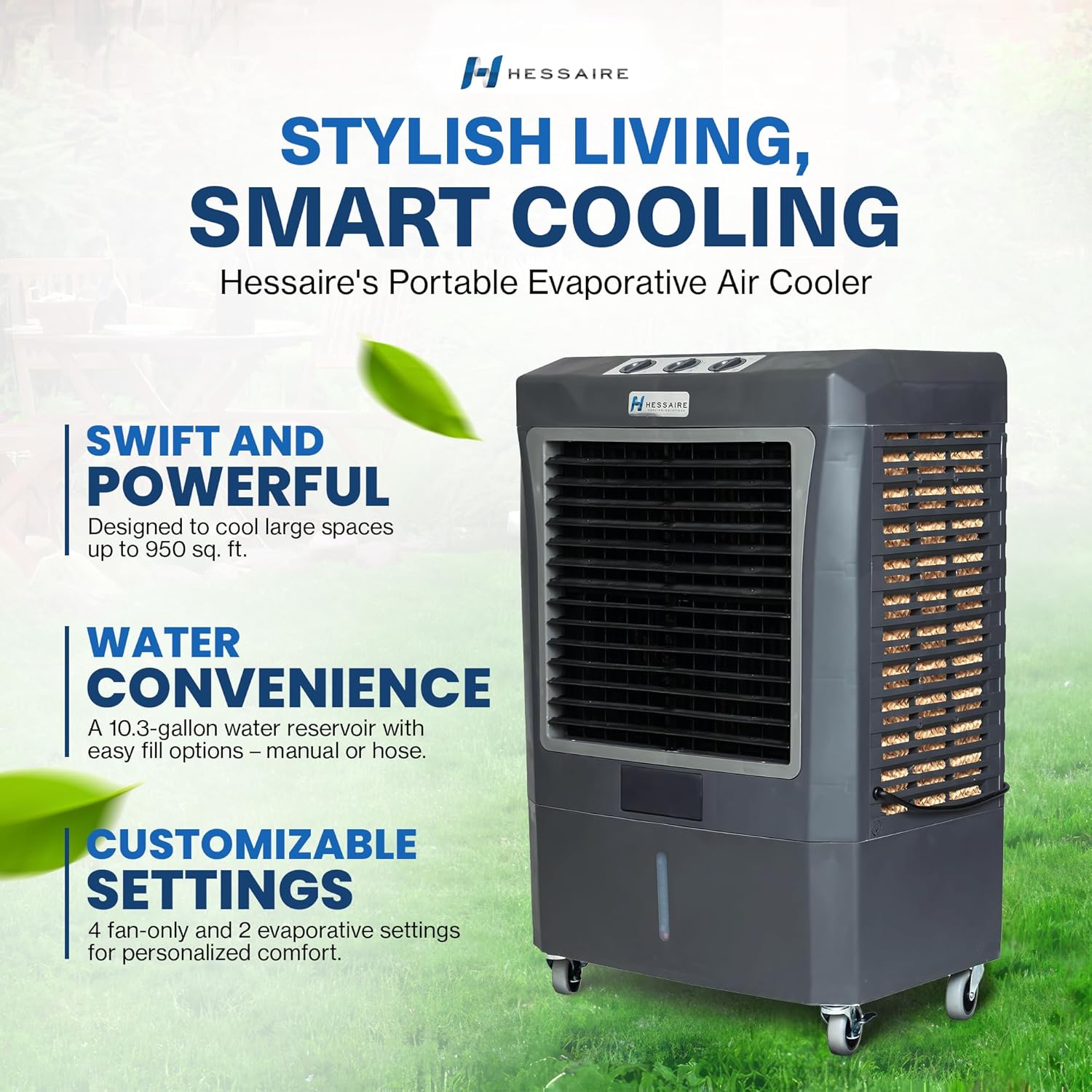 Hessaire MC37M Indoor or Outdoor Portable Oscillating Evaporative Swamp Air Cooler for 950 Square Feet of Space with Water Reservoir