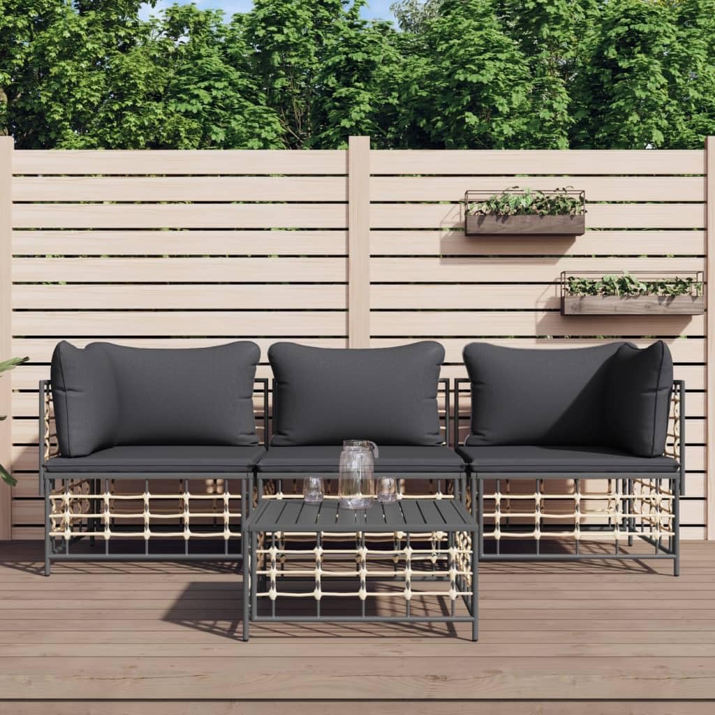 4 Piece Patio Lounge Set with Cushions Anthracite Poly Rattan,Poly Rattan Outdoor Lounge Set for Garden and Terrace with Comfortable Seat Outdoor Furniture, Patio Seating