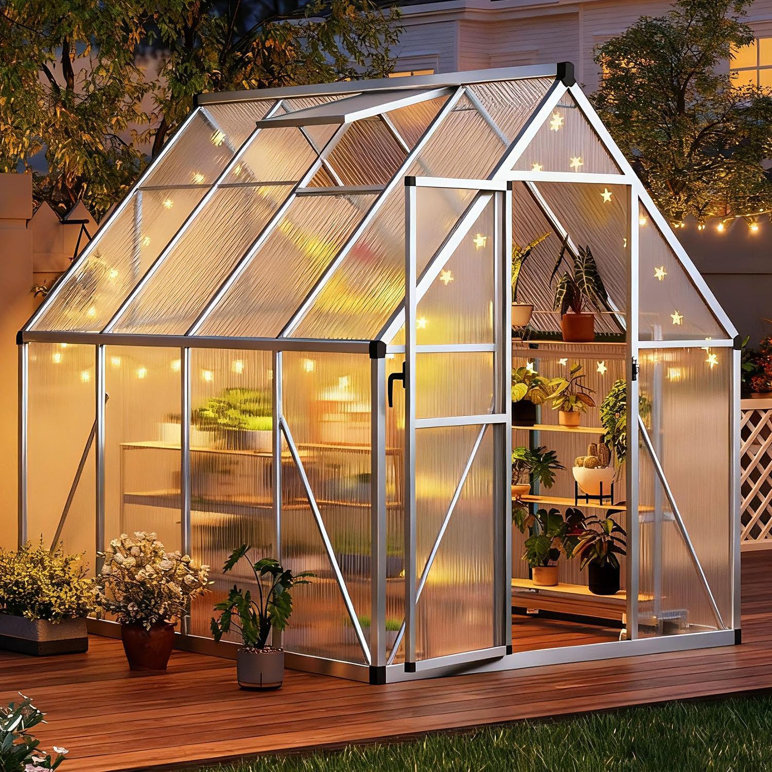 GAOMON 6x7 FT Outdoor Greenhouse with Roof Vent, Heavy Duty Aluminum Polycarbonate Greenhouses, Easy Assembly, Lockable Door, Large Walk-in Greenhouse for Patio, Backyard, Garden