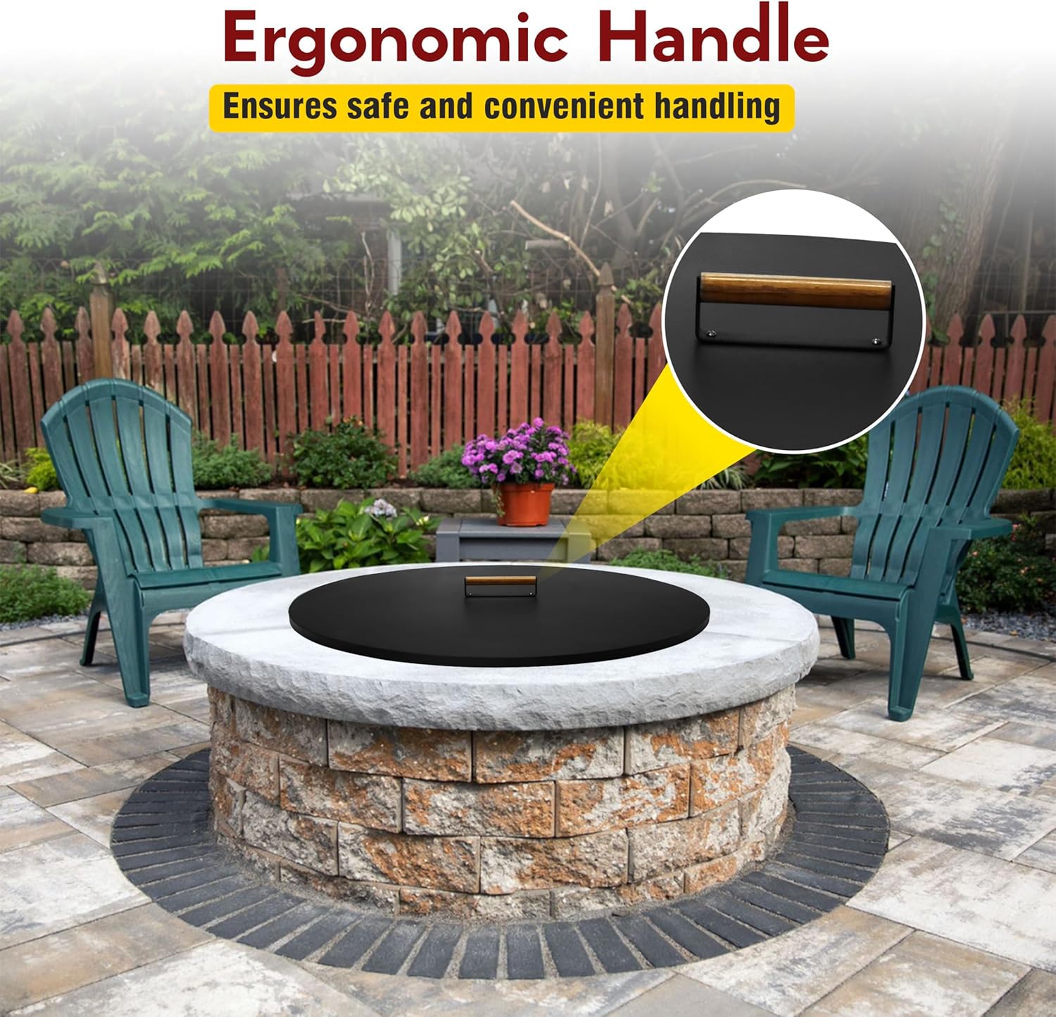 31” Fire Pit Cover Lid Round - Fit for 29 Round Fire Pit Lid for Outdoor Fireplace Cover Lid - Steel fire pit metal cover with Wooden Handle & Powder Coating Snuffer Lid for Patio Fire Pit Ring