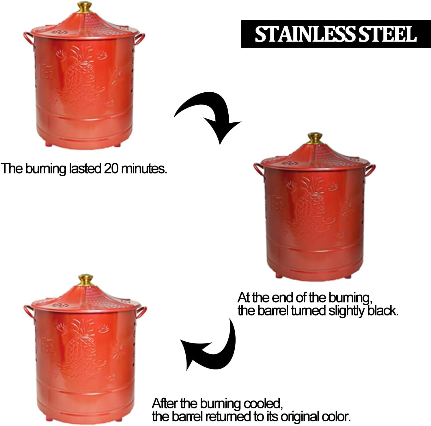 Burn Barrels with Grid and Fire Hook, Stainless Steel Incinerator, Fire Pit for Trash Fallen Leaves Ancestor Money(Gold,Small)