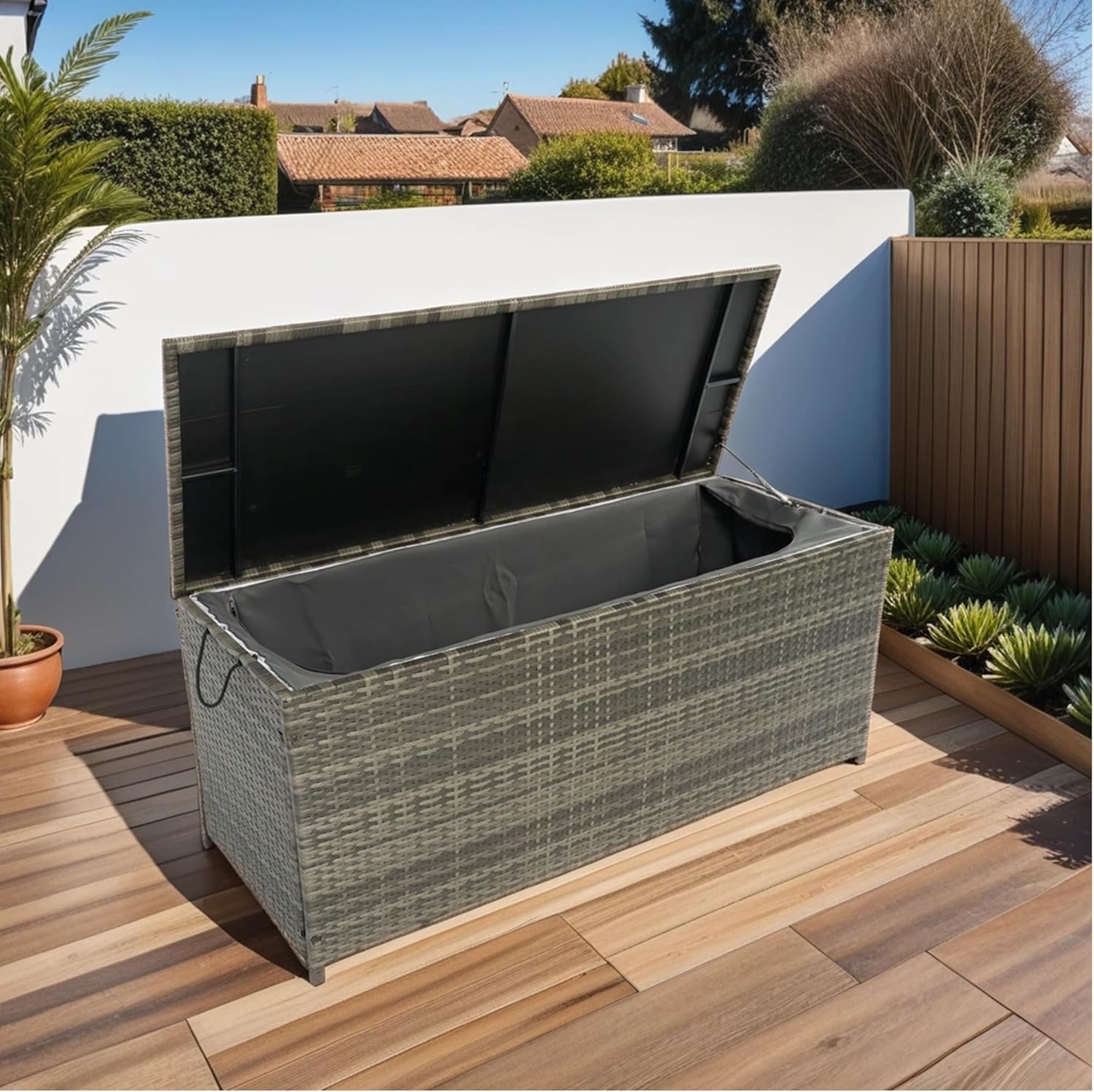 Outdoor Storage Box 113 Gallon Grey Wicker Deck Box with Lid, Cushion Storage, Portable Patio Storage with Rust-Resistant Frame