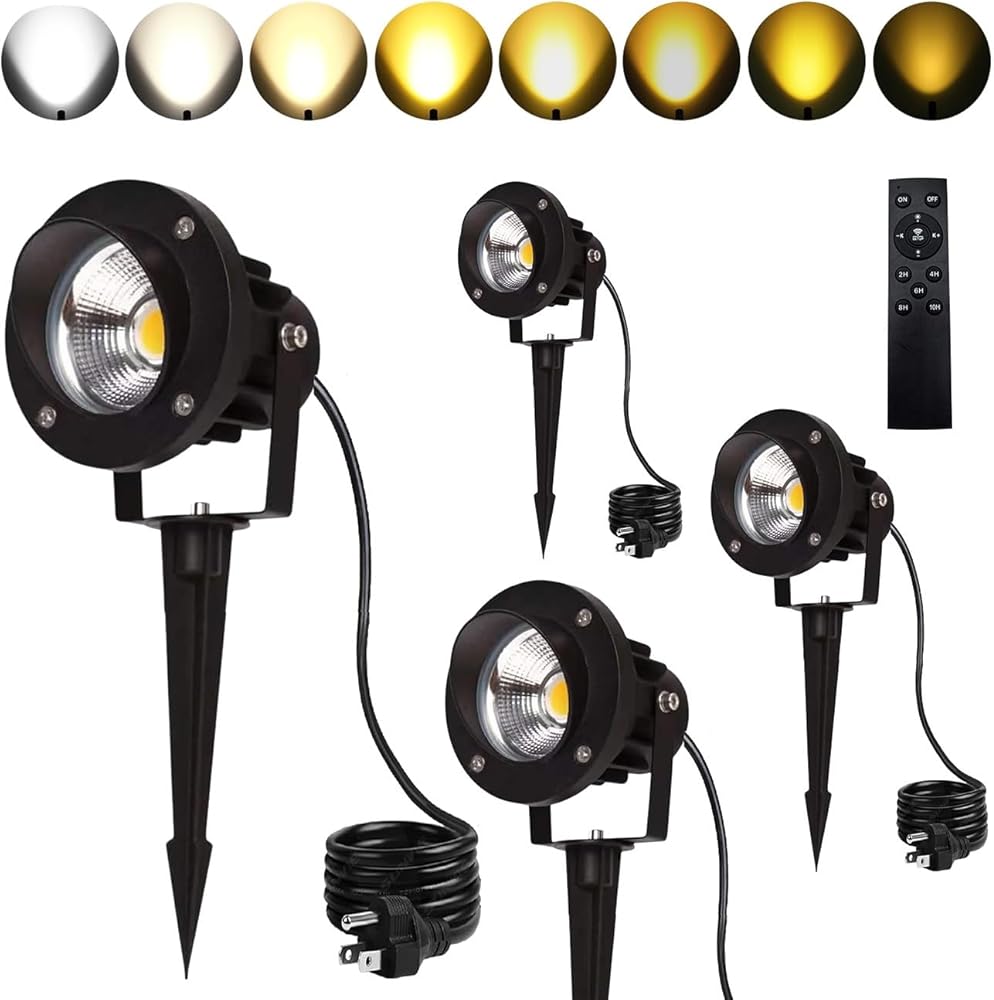 LED Outdoor Spot Lights,120V Landscape Lighting Outdoor Spotlight With Plug Cord , 2700K-6500K Stepless Dimmable Landscape Light with Timer and Remote for Yard Garden Pathway flag (20W, Pack, 4)