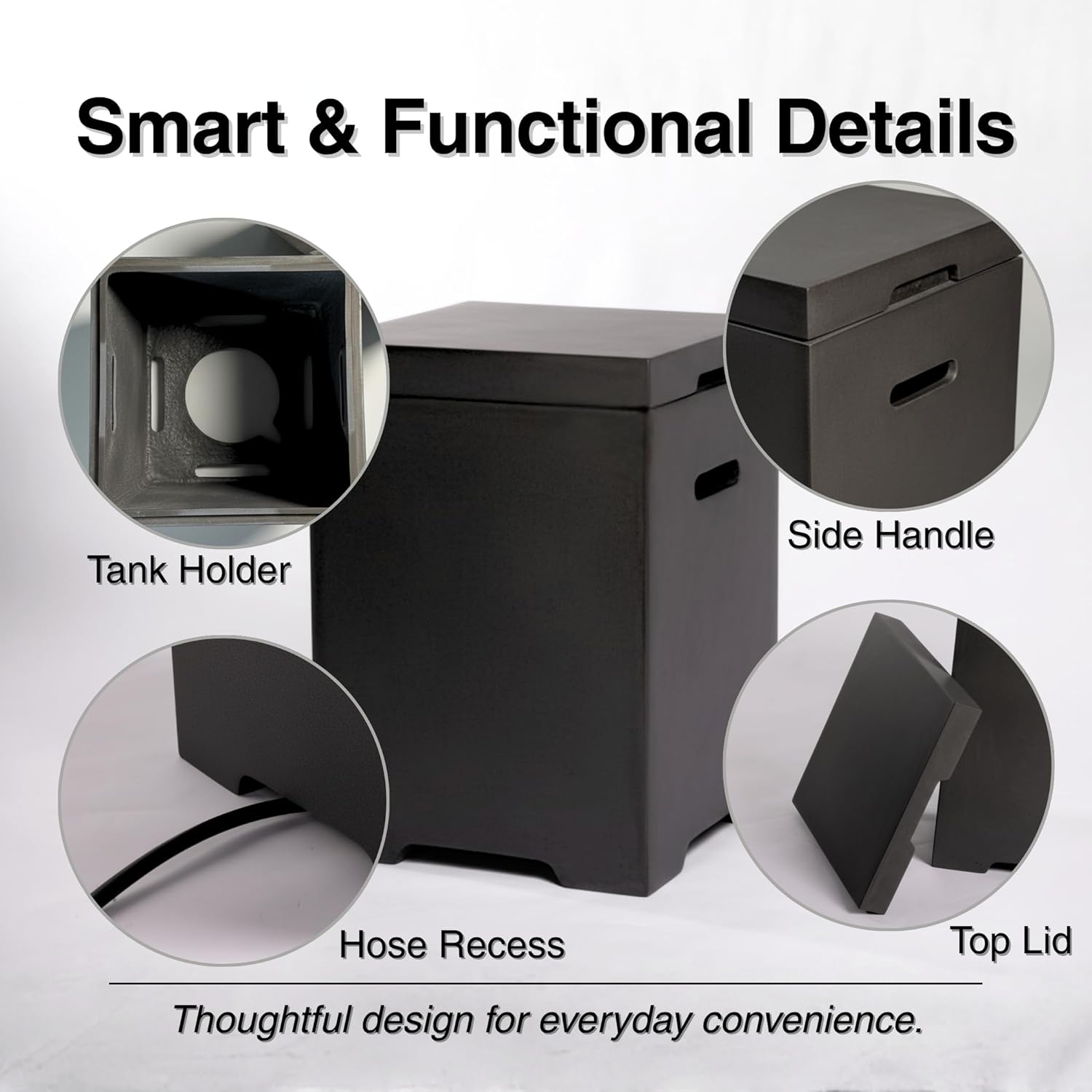 Concrete Propane Tank Cover with Functional Side Table Design, Dark Grey Lightweight Construction Hides 20LB Cylinders for Fire Pit and Griddle Setups While Providing Patio Table Space