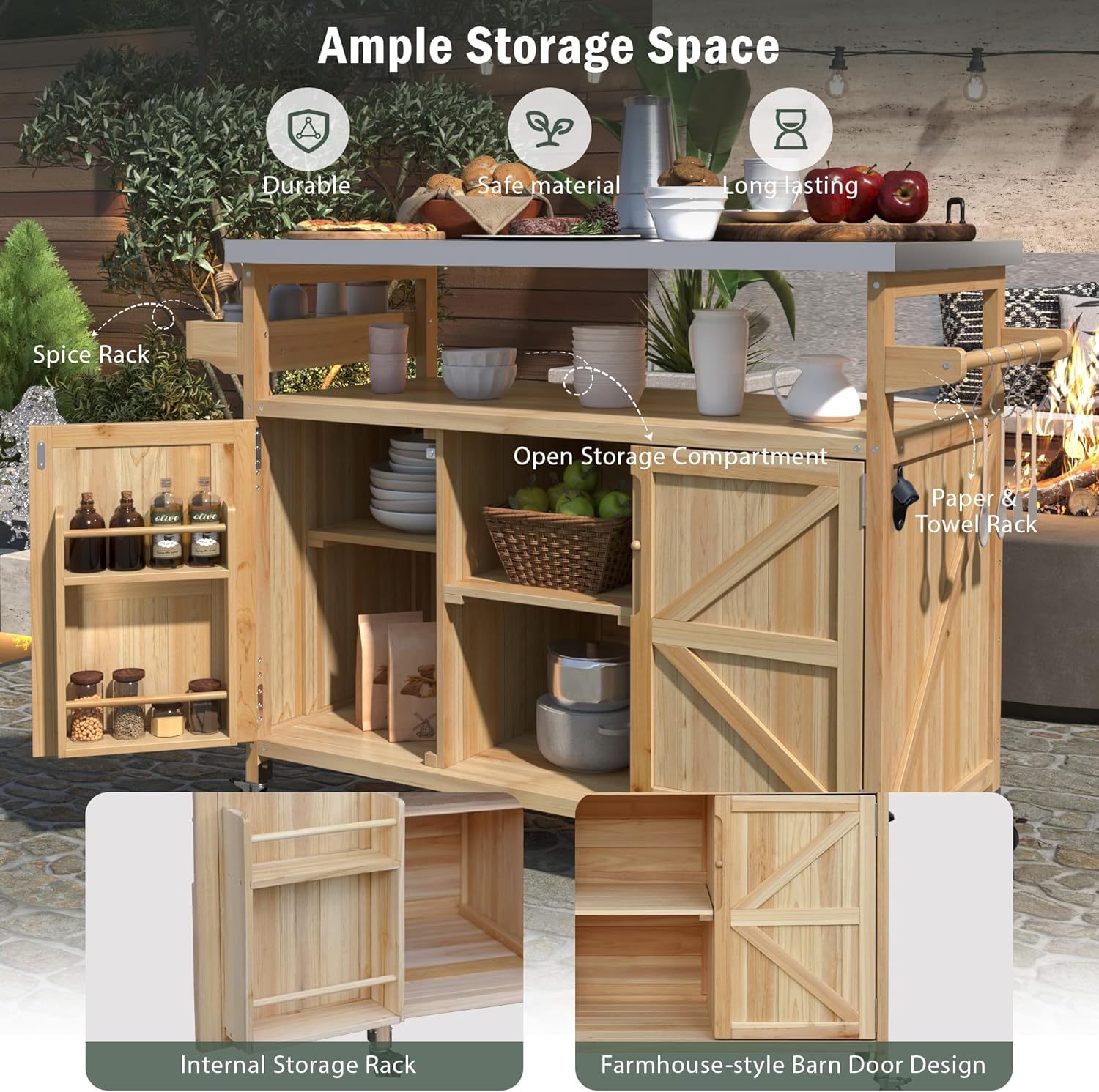 Outdoor Kitchen Island, Rolling Bar Cart & Storage Cabinet, Farmhouse Solid Wood Outdoor Grill Table with Stainless Steel Top, Spice Rack, Towel Rack for Kitchen & BBQ (Natural)