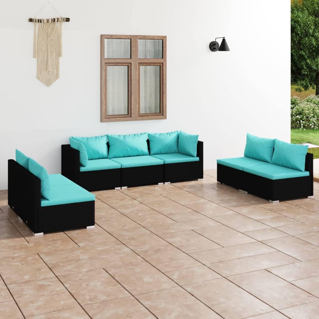 7 Piece Patio Lounge Set with Cushions Poly Rattan Black,Premier Patio Lounge Set: Durable, Comfortable, and Stylish for Outdoor Enjoyment Patio Furniture Sets, Outdoor Furniture Sets