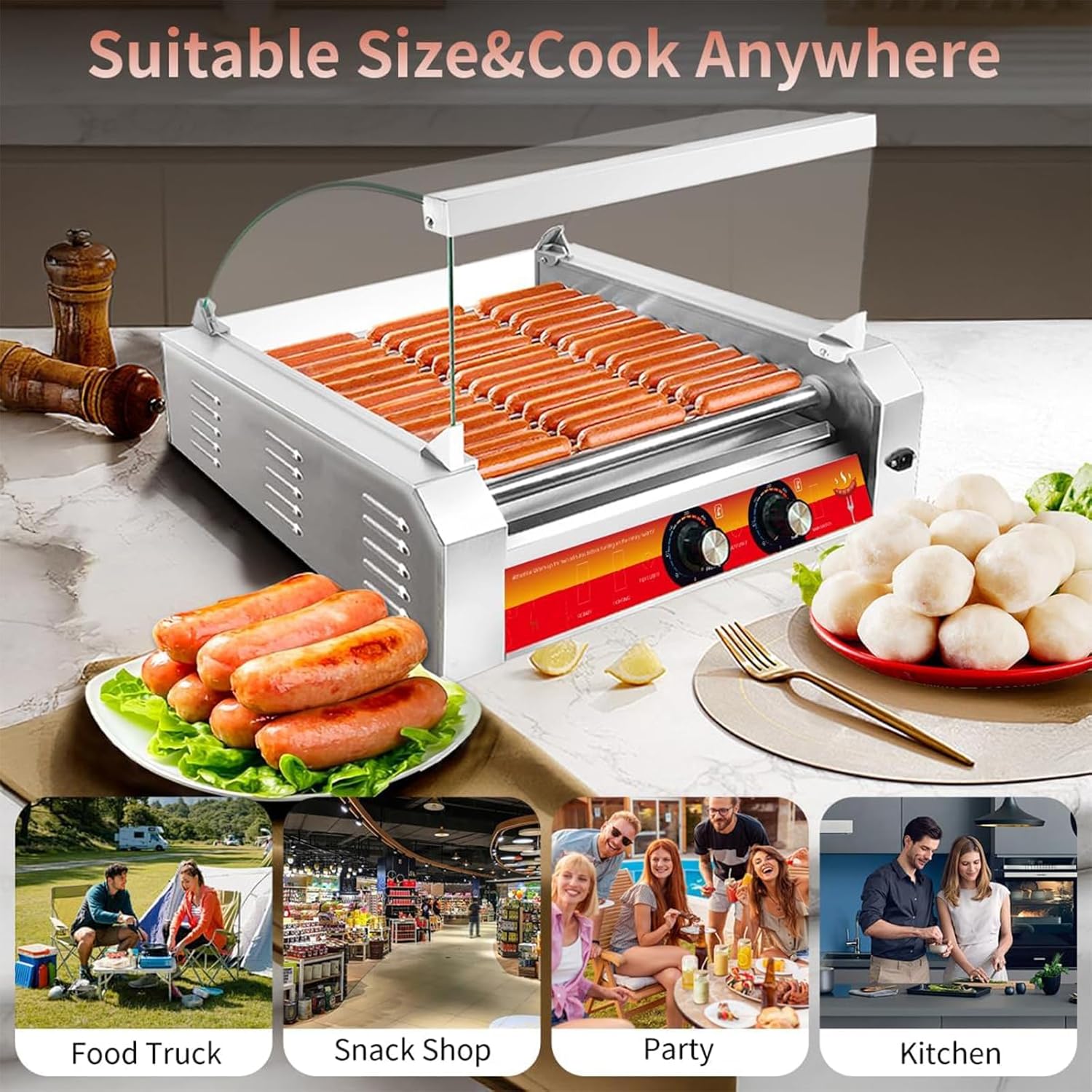 1670W 11-Roller Hot Dog Machine，Holds 30 Hot Dogs，Non-Stick & Stainless Steel，for Parties, Events & Food Stalls