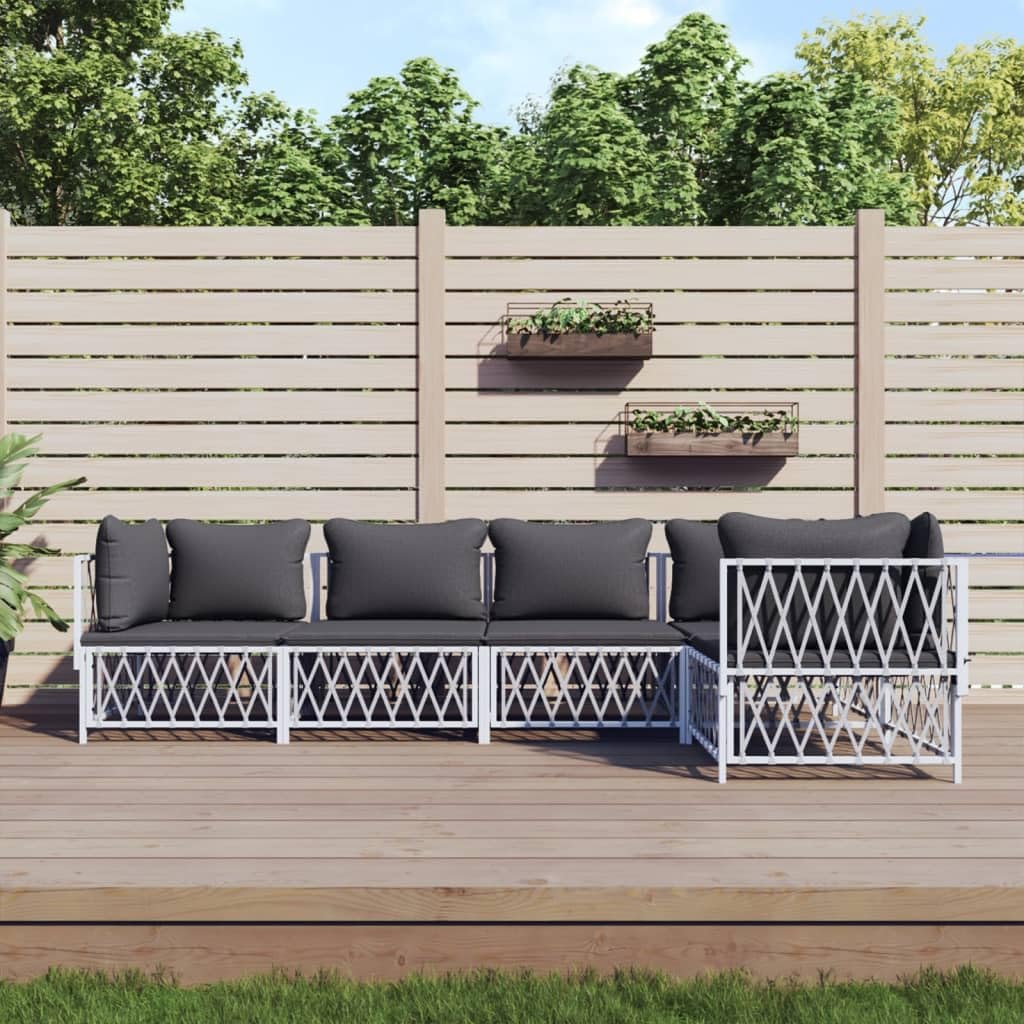 5 Piece Patio Lounge Set with Cushions White Steel,Comfortable Patio Lounge Set: Durable Steel, Woven Fabric, Modular Design Patio Furniture Sets, Outdoor Furniture Sets