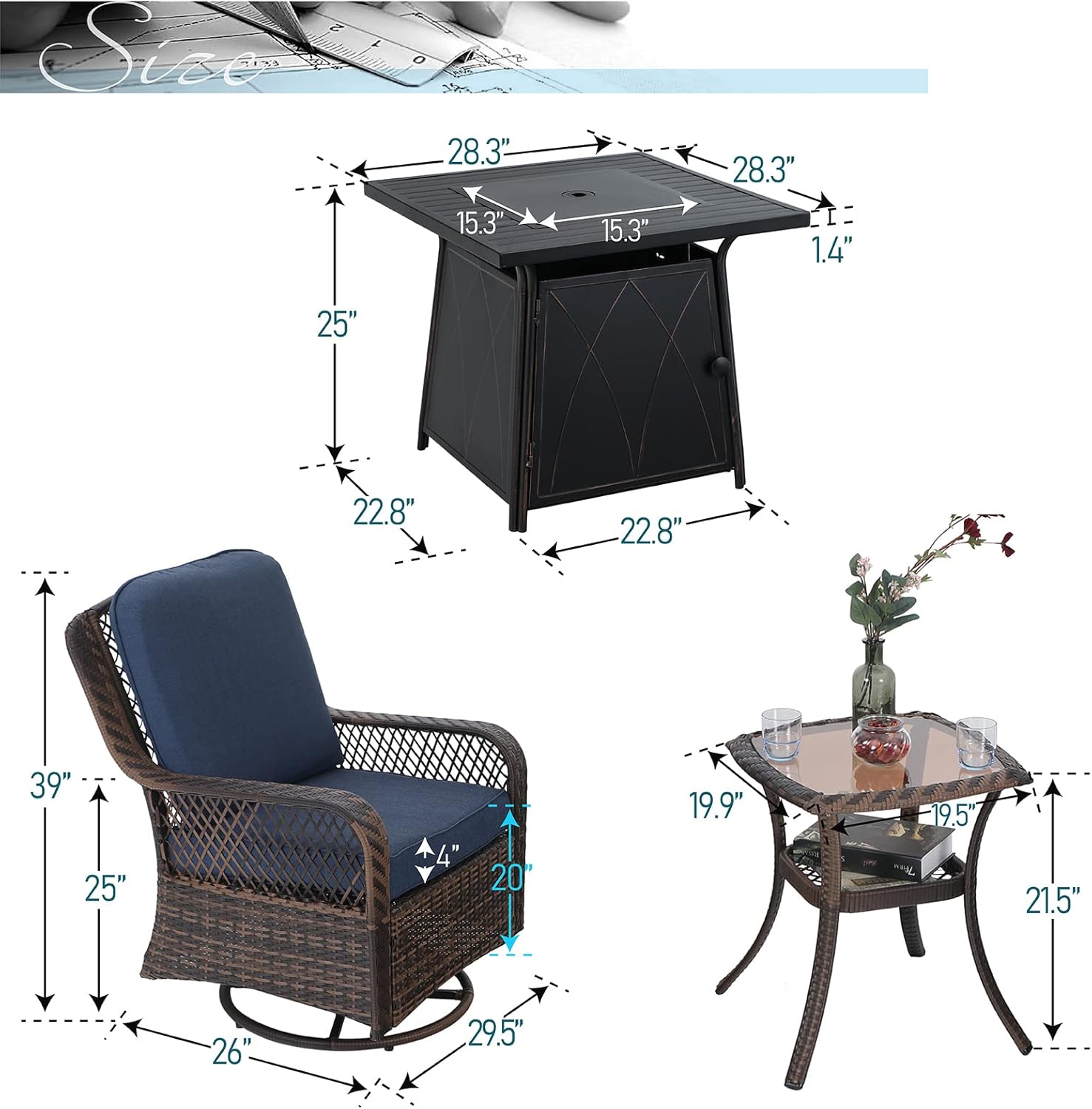 PHI VILLA 4 Piece Outdoor Swivel Rocker Chairs Patio Furniture Set with Gas Fire Pit Table Square, Wicker Patio Conversation Fire Pit Table Set for Garden, Deck, Porch, Backyard (Navy Blue)