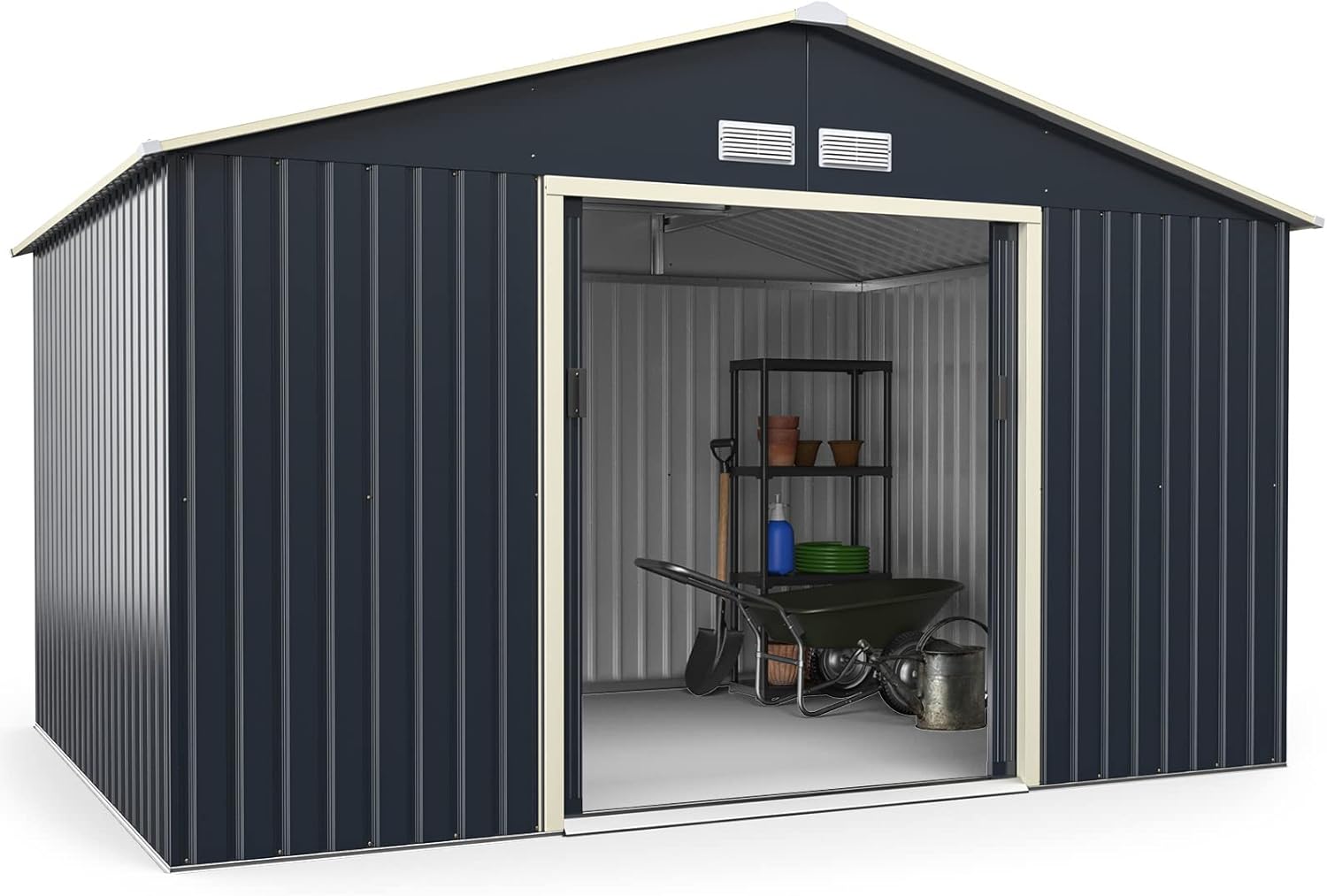 Goplus Storage Shed, Metal 11' X 8' Outdoor Building Organizer with 4 Vents & Double Sliding Door for Garden Backyard Farm (11'X8')