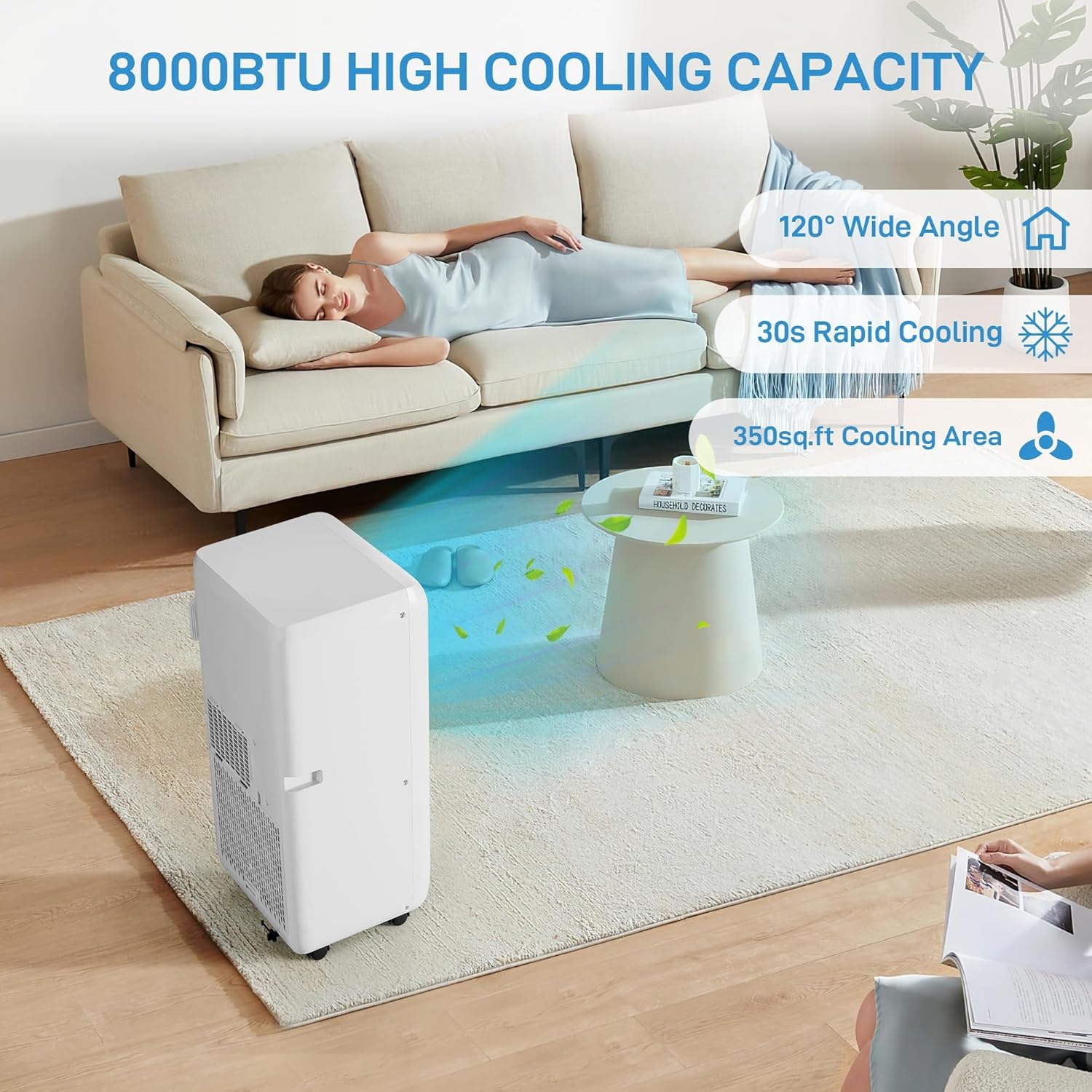 Portable Air Conditioner 8000 BTU With, 24H Timer & Smart/Sleep Mode, Cools Rooms Up to 350sq.Ft 4-In-1 Cooling, Cooling AC Unit With Fan & Dehumidifier & Remote Control for Bedroom, Dorms