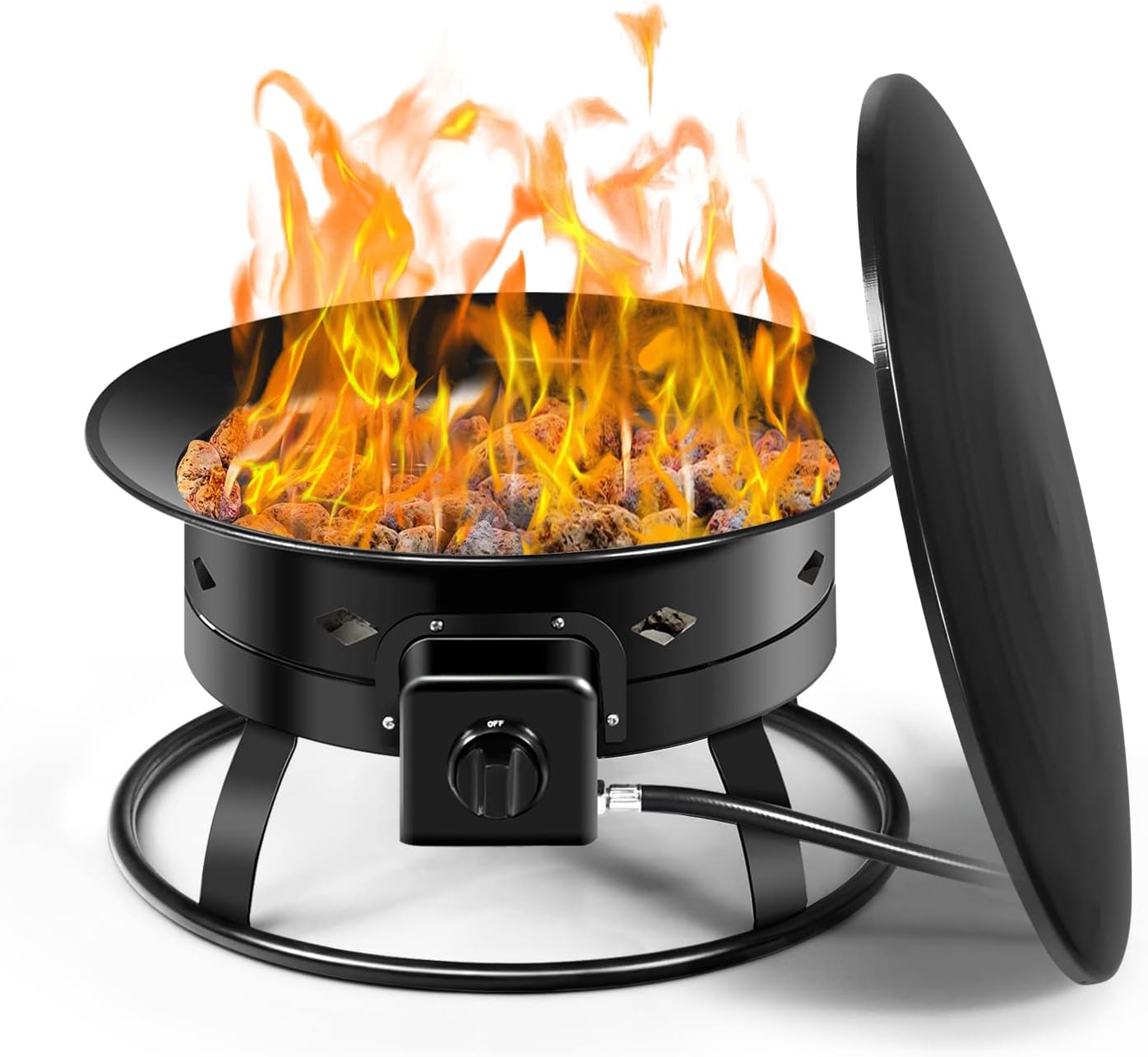 Tangkula Outdoor Portable Propane Gas Fire Pit, 58,000 BTU Gas Fire Pit with Cover, Carry Strap & Lava Rocks, 19 Inch Outdoor Firebowl with Propane Gas Hose & Tank Secure Ring for Camping, Backyard