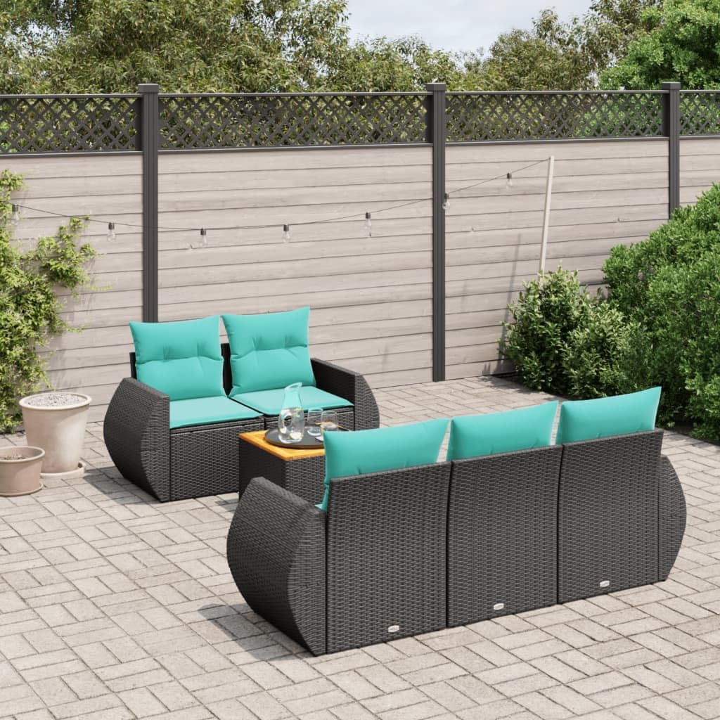 6 Piece Patio Sofa Set with Cushions Black Poly Rattan, Modular Outdoor Furniture with Acacia Wood Tabletop and Waterproof Storage Bags for Backyard, Terrace, Garden Seating