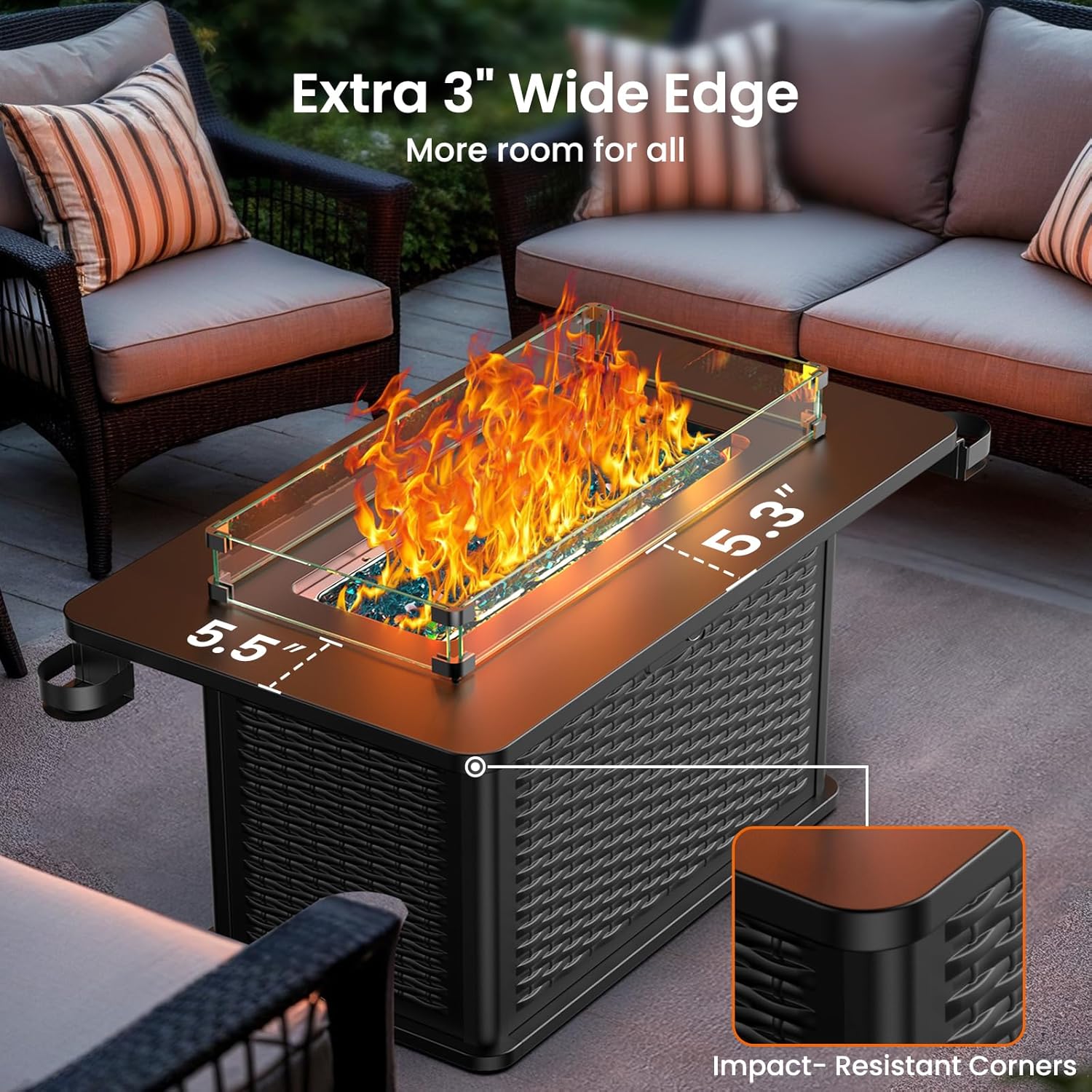 AMADA HOMEFURNISHING 43 Inch Propane Fire Pit Table, 60,000 BTU Gas Fire Pit with Premium Glass Rocks, Wind Guard Glass Shield, Waterproof Cover, Cup Holders, Fire Table for Patio and Garden