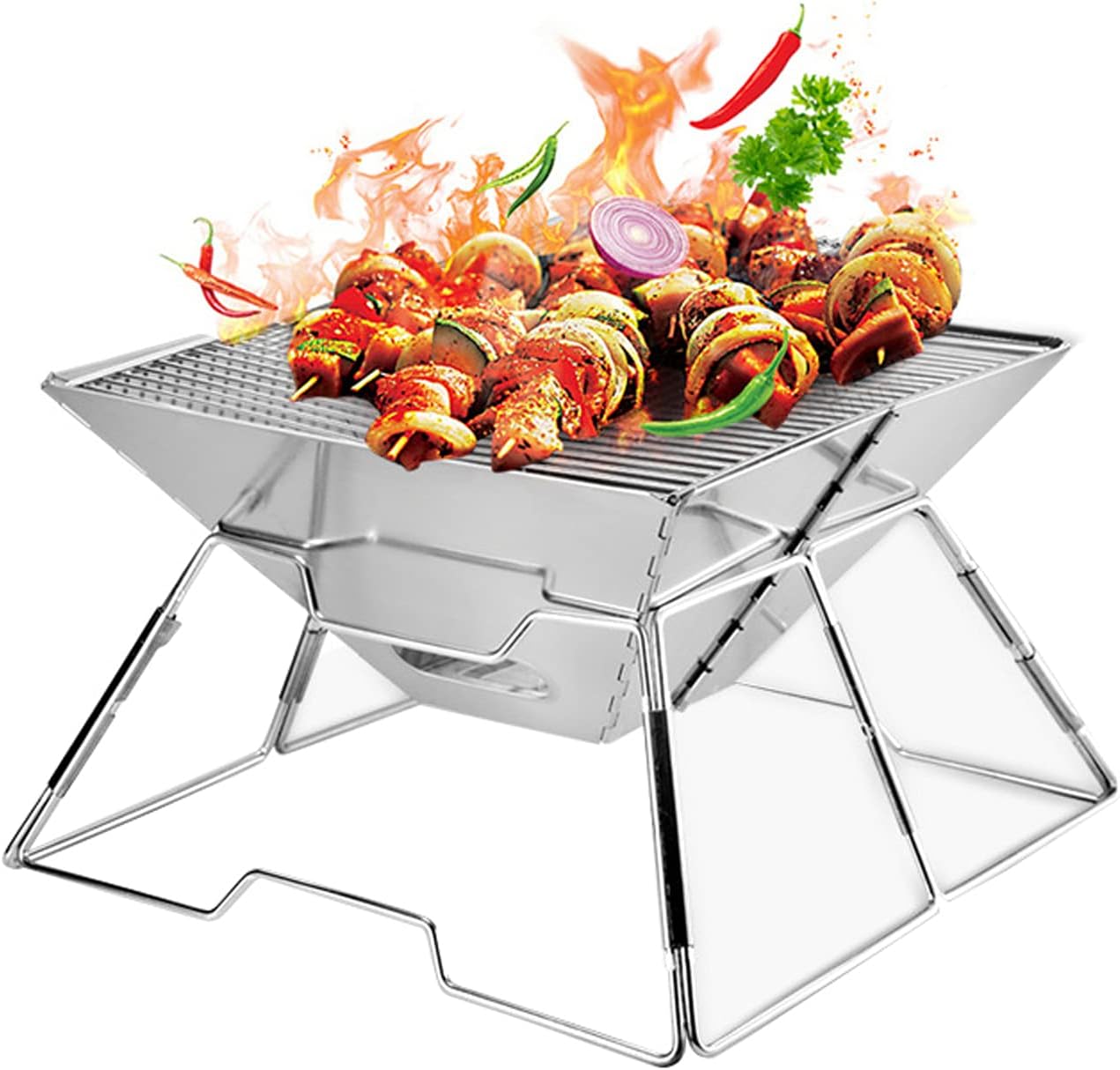 BBQ Grill BBQ Charcoal Grill Outdoor Folding Campfire Grill Stainless Steel Camping Fire Pit Heavy Duty Portable Camping Grill Grate ?With Carrying Bag