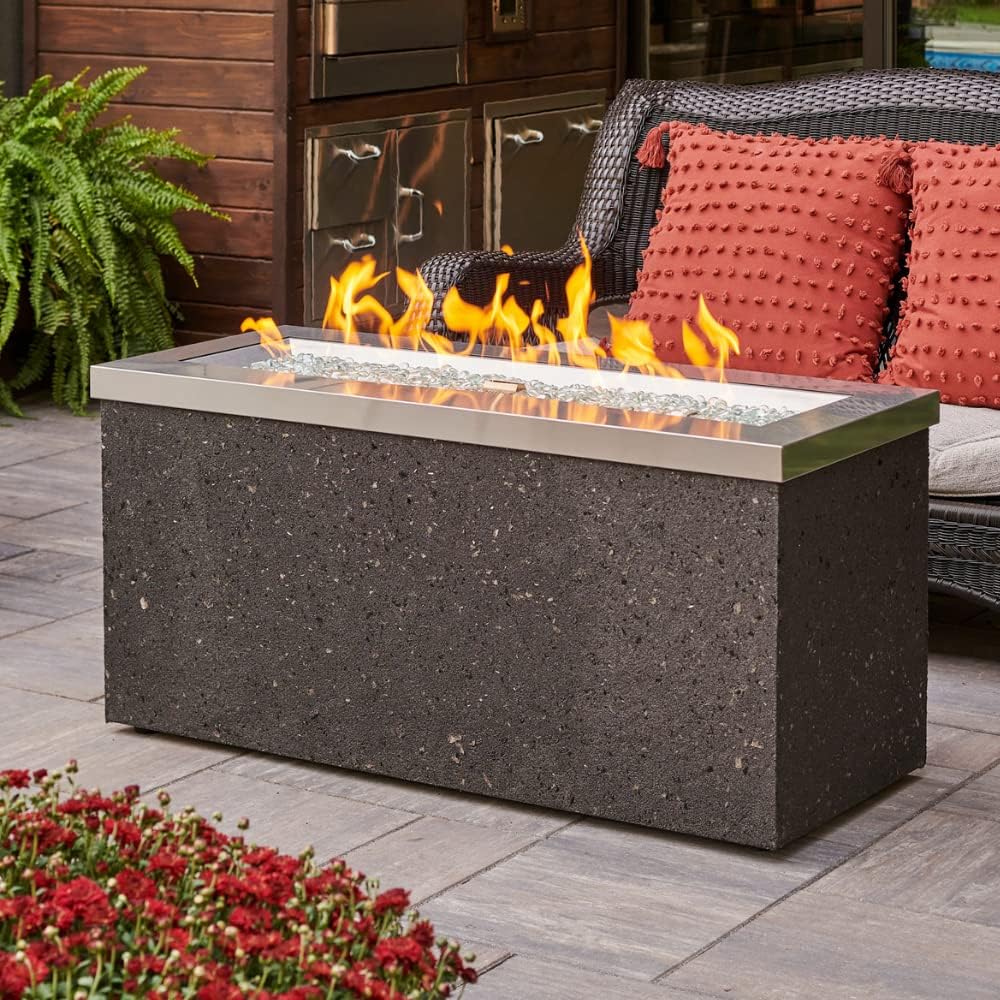 Outdoor GreatRoom Co Propane Fire Pit Table - Key Largo Gas Fire Pits for Outside Patio - 48 Inch Rectangular Stainless Steel Firepit Fire Table, Stucco Base, Glass Tabletop Cover, 80,000 BTU